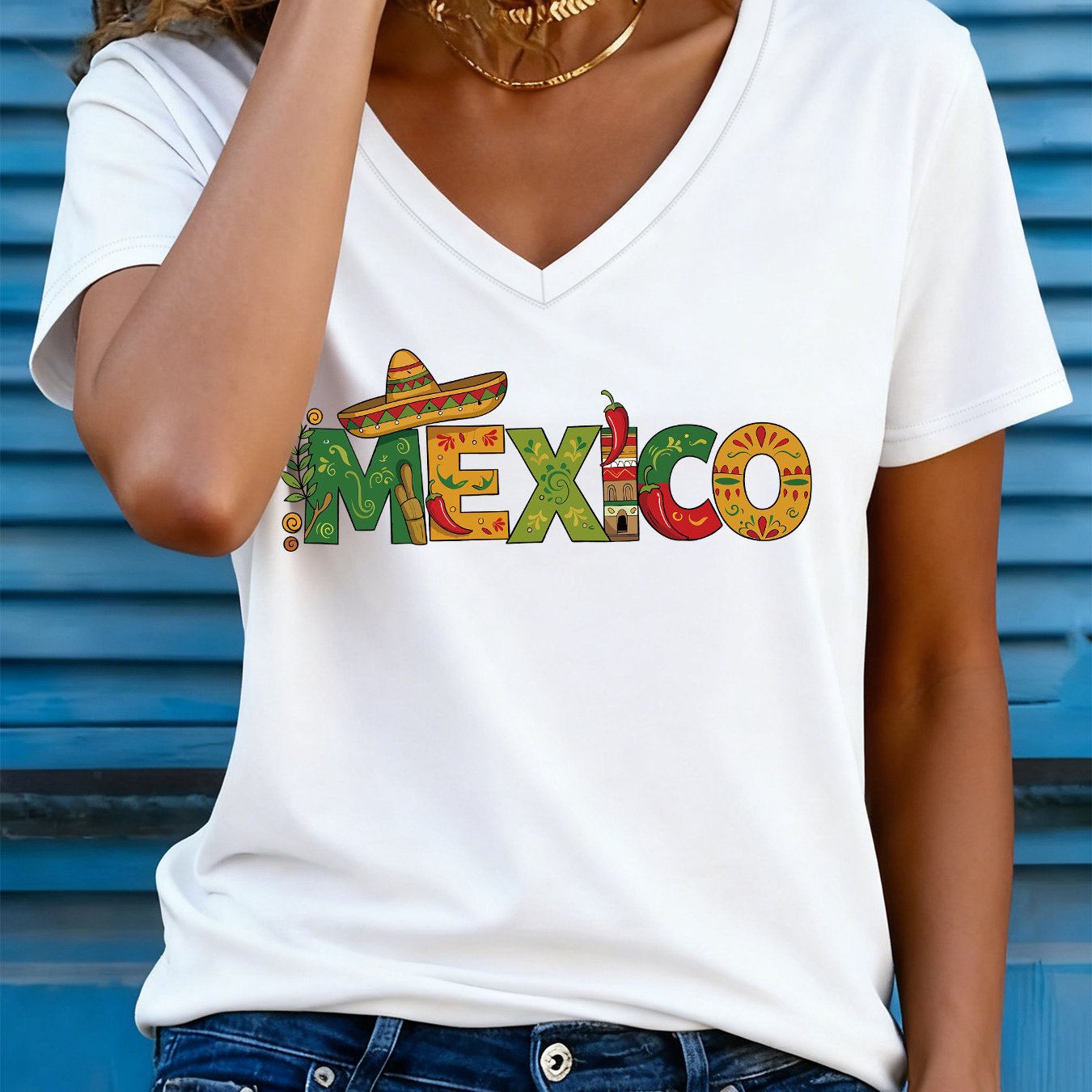 TEMU Women's Mexican Style V-neck T-shirt - Short-sleeve Blouse-fit-compatible Top Suitable For Casual Daily Wear, Breathable Machine Washable Tee,