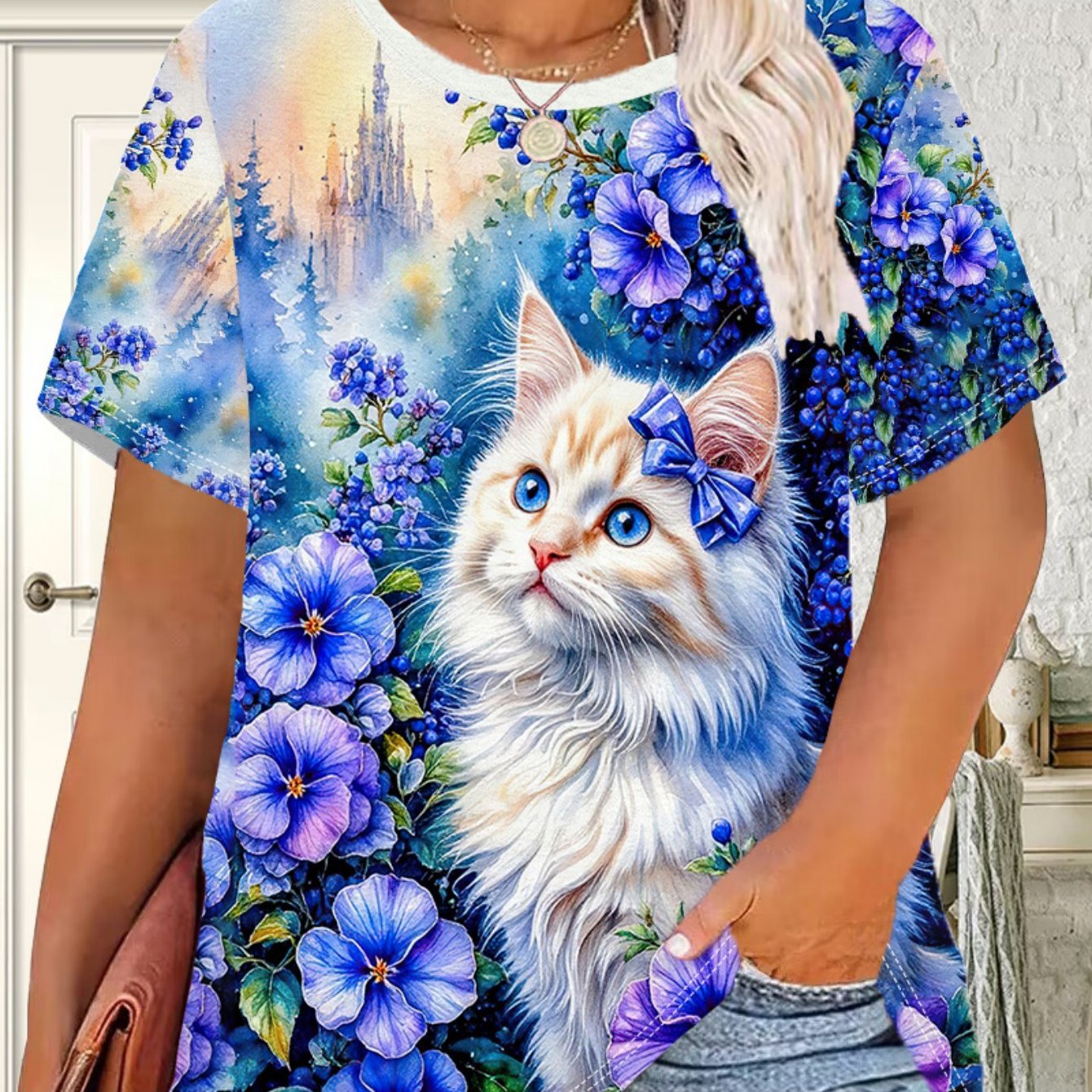 TEMU Plus - Plus - Plus - Plus - Women's Floral And Cat Pattern T-shirt - Cute Kitten With Blue Flowers, Soft Pastel Tones - Lightweight Summer Top,