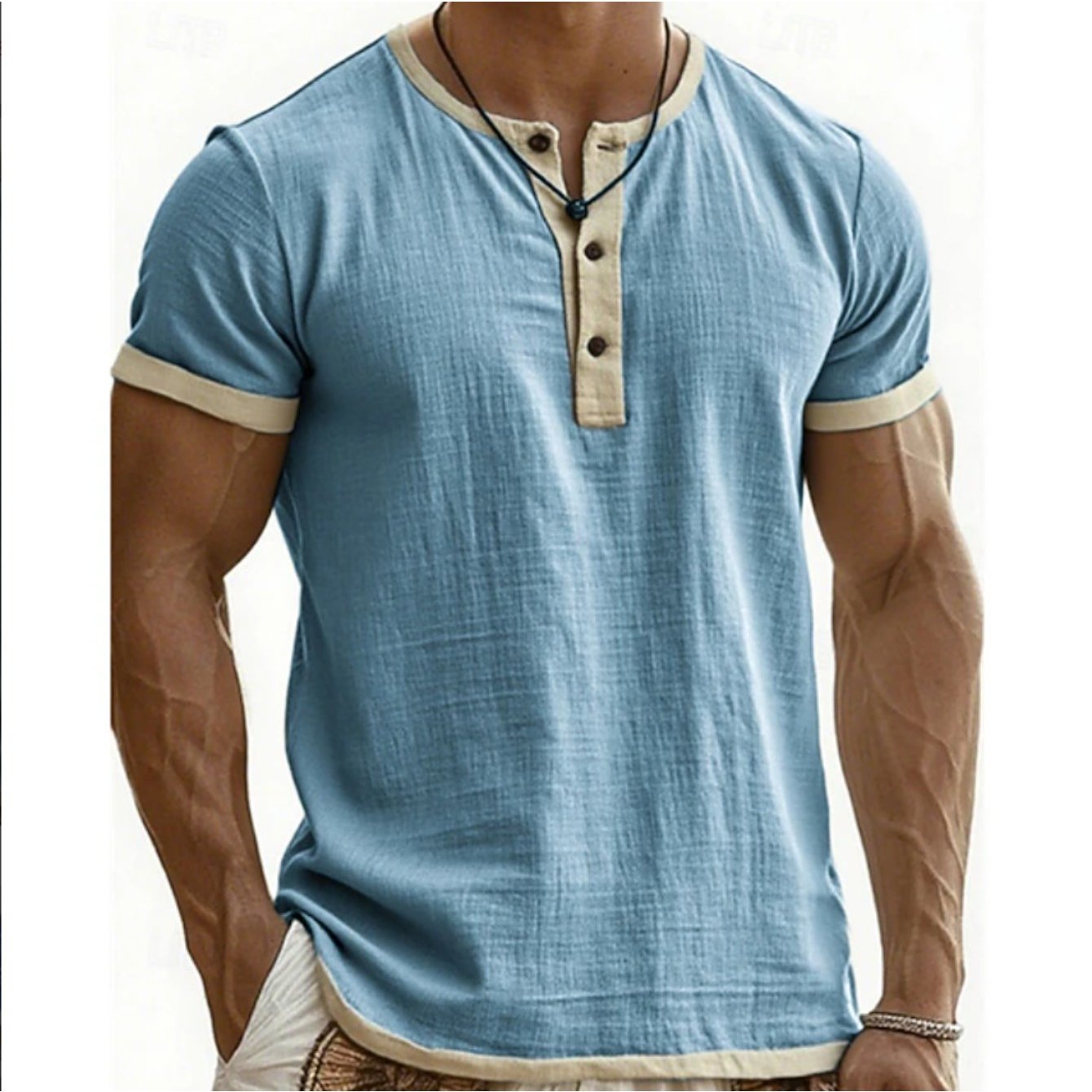 Image of 2026 Retro Color Block Henley Neck Short Sleeve T-shirt Shirt Casual Top (refer To Size Chart)