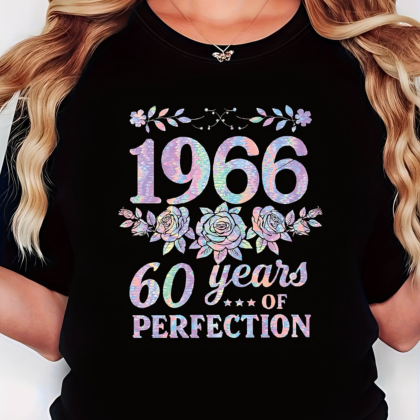 TEMU 1966 60 Years Of Print Women's T-shirt | Casual Crew Neck, Medium Stretch Fabric, Perfect For Spring/summer, Versatile And Elegant Outfit