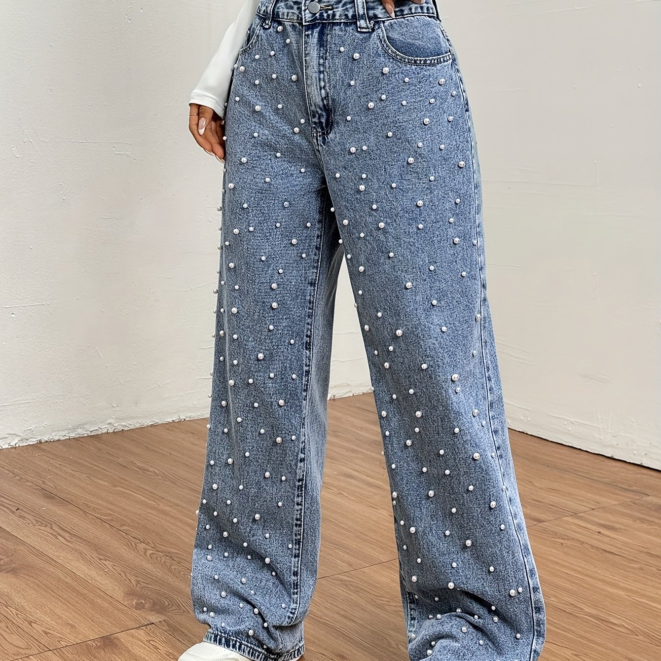 Women's Fashion Beaded Design Wide-leg Pants Denim Jeans