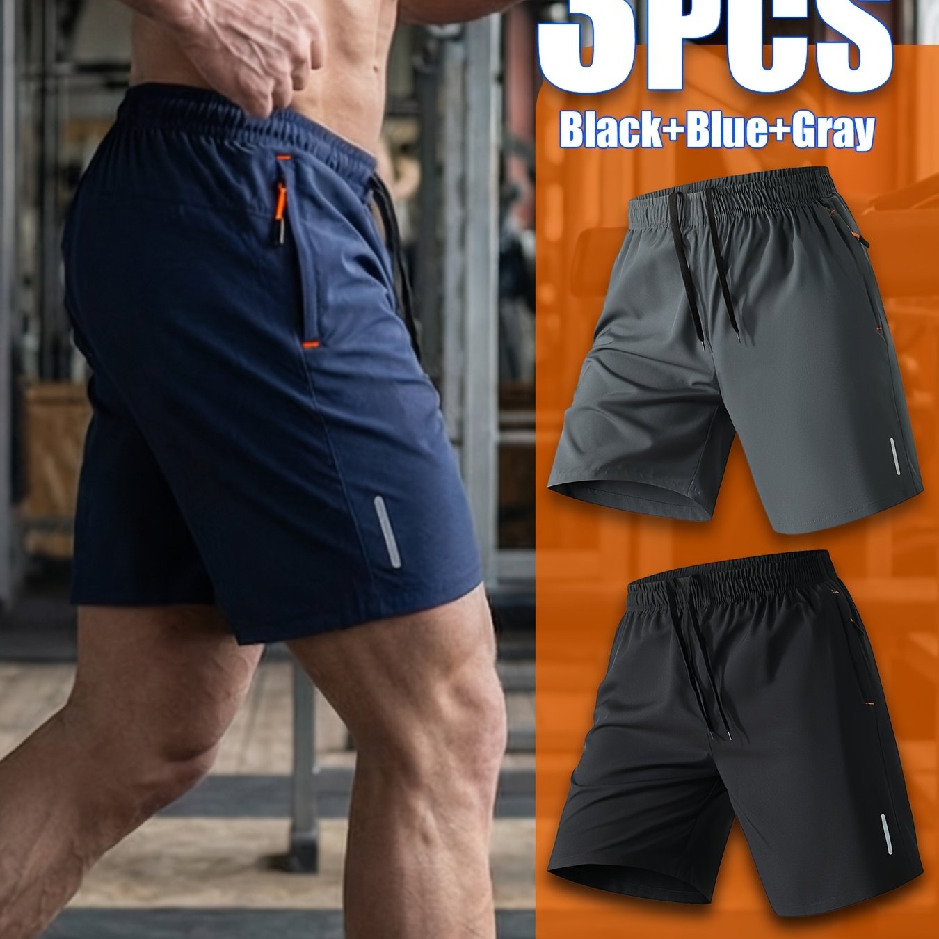 E-shop Dreiteilige sportliche Herren-Shorts, ideal für das Fitnessstudio, in einfarbigem Design, aus atmungsaktivem, schnelltrocknendem Stoff mit