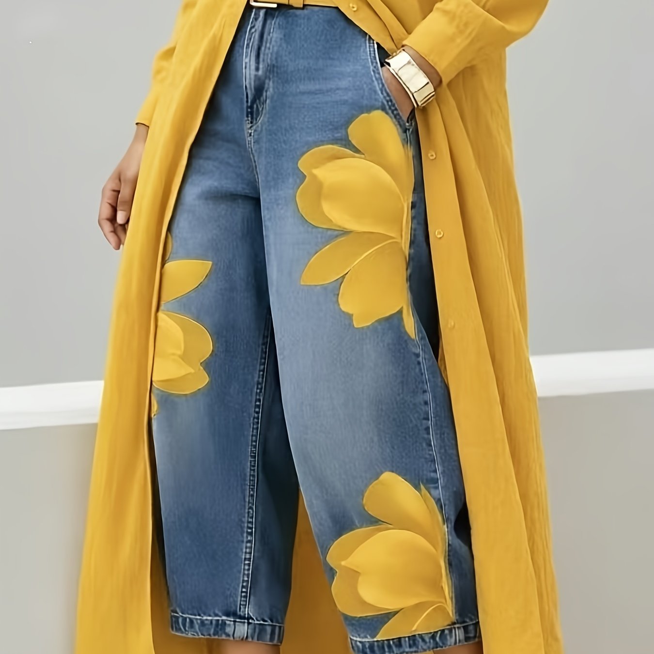 TEMU 2026 European And Hot Petal Denim Women's Casual Straight-leg Pants Petal Print Denim Pants Casual And Versatile
