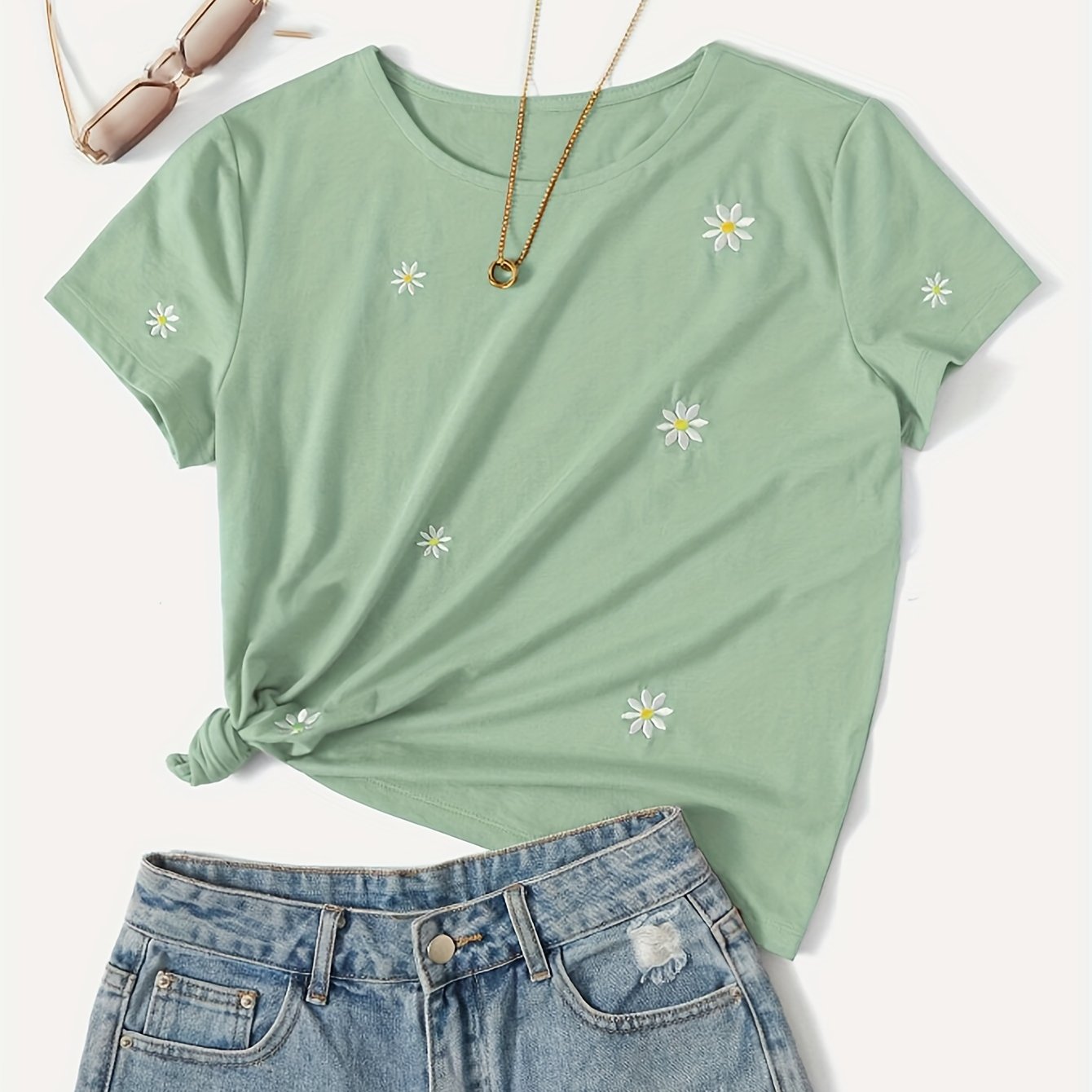 Summer Casual Loose-fit Chrysanthemum Round-neck Short-sleeved Women's Top