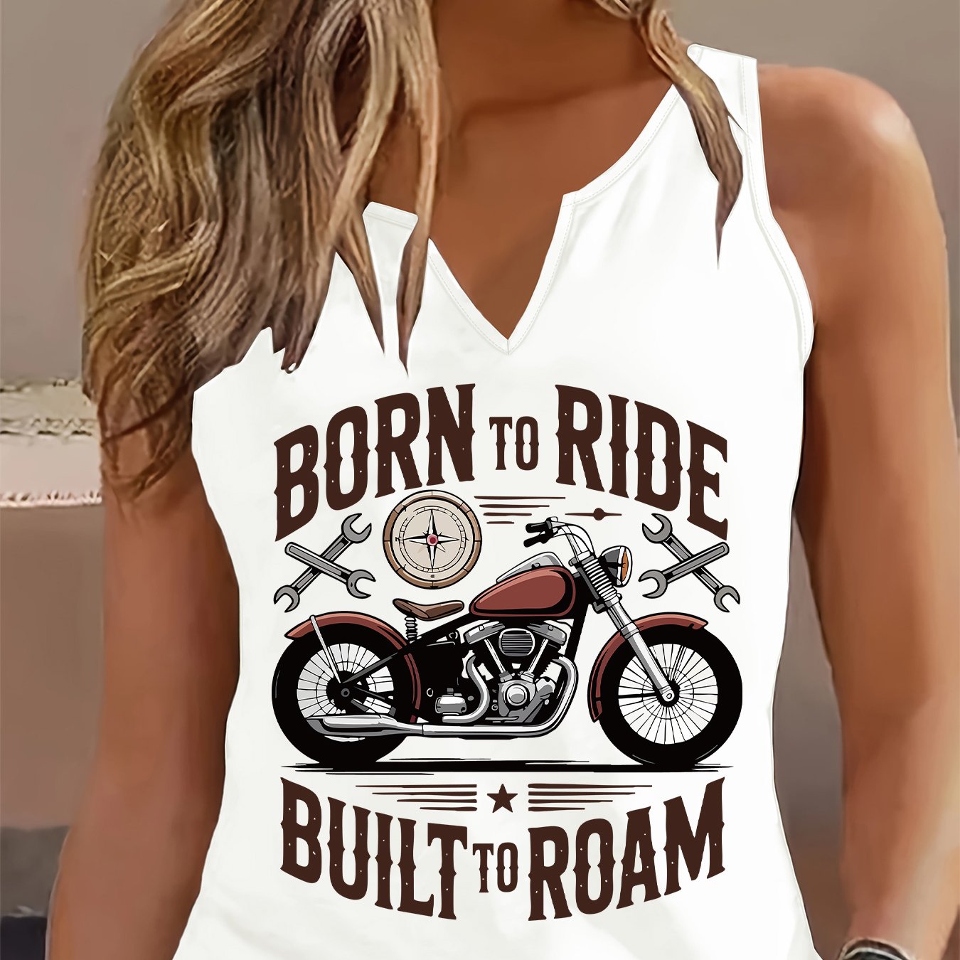 TEMU (052#) Women's Fashion Fresh Camisole, Motorcycle Theme Printed V-neck Tank Top, Individual Slogan Trendy Casual Riding Enthusiast Essential