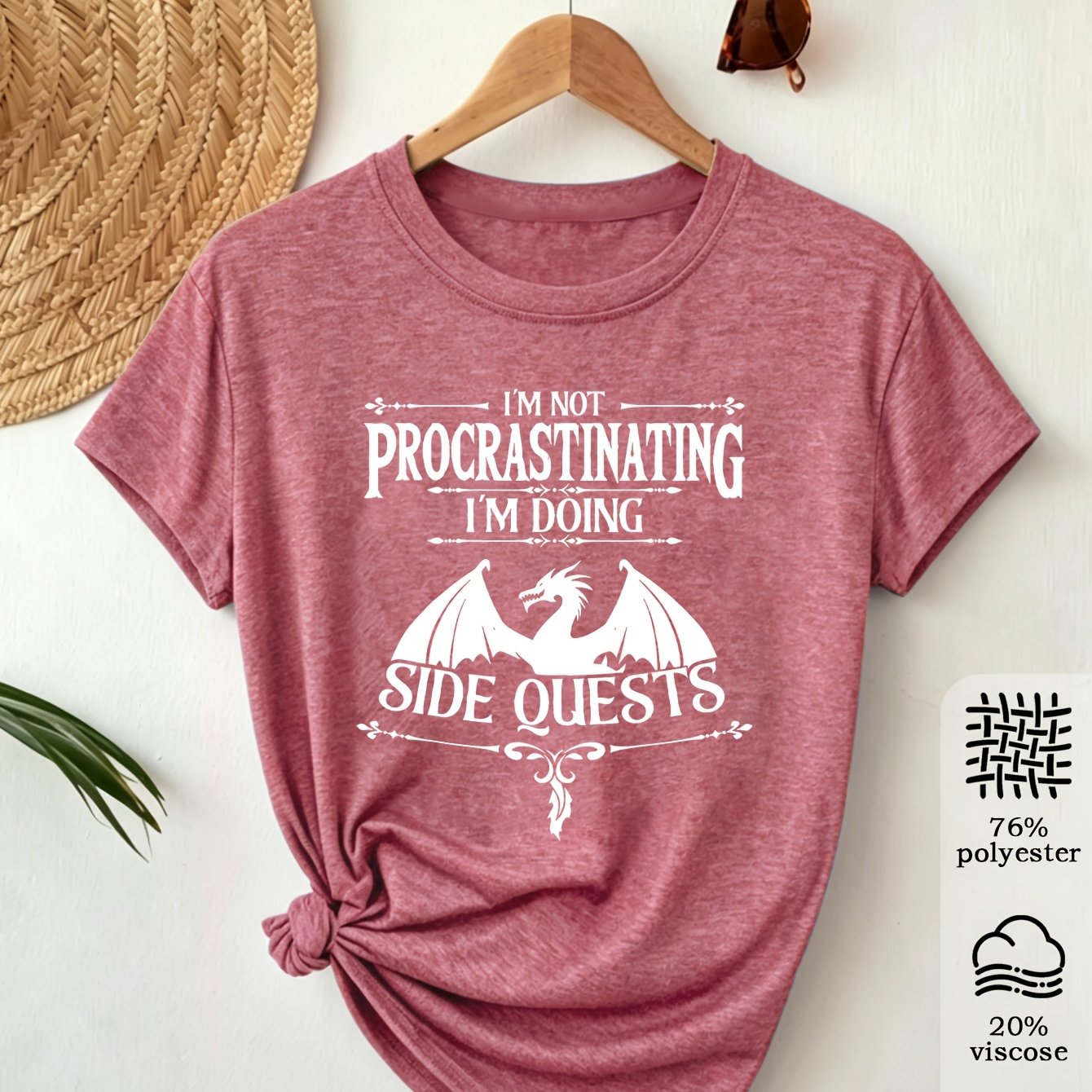 TEMU T-Shirt Rétro pour Femmes - "Je ne Terme Pas, Je des Quêtes Secondaires" Design Dragon, Tissu Doux et Extensible, Col Rond Manches Courtes pour
