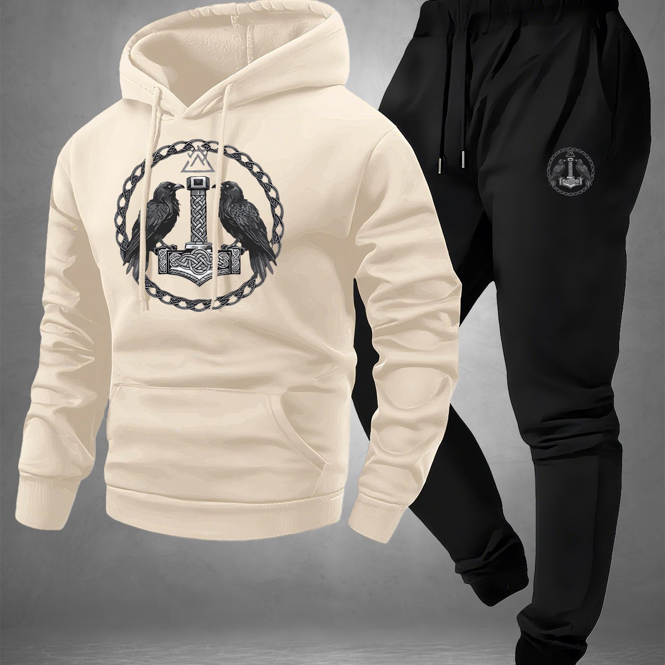 TEMU Men's Trendy Brand Viking Hammer And Crow Print Hooded Sweatshirt And Sweatpants Set, Fleece-lined And Thickened Autumn And Winter Casual Sports