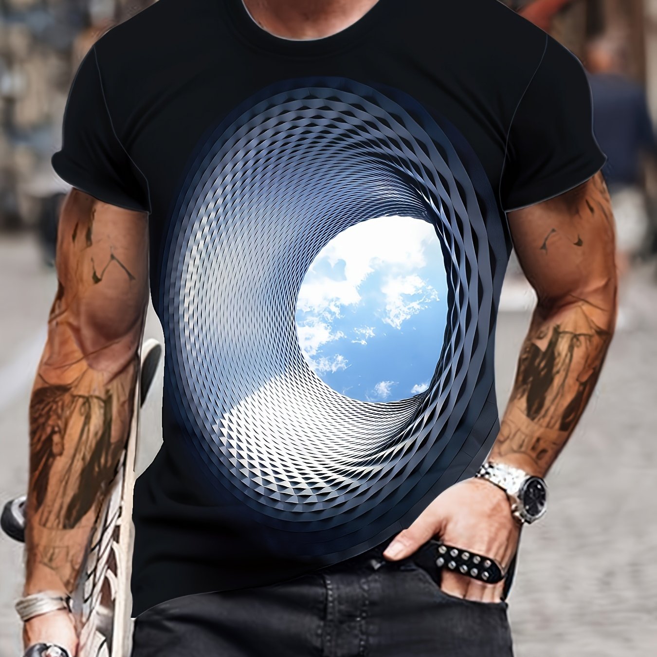 Men's 3d Geometric Casual Short-sleeve T-shirt, Crew Neck Graphic Tee, Pajama Top, Men's Summer Outdoor Pullover