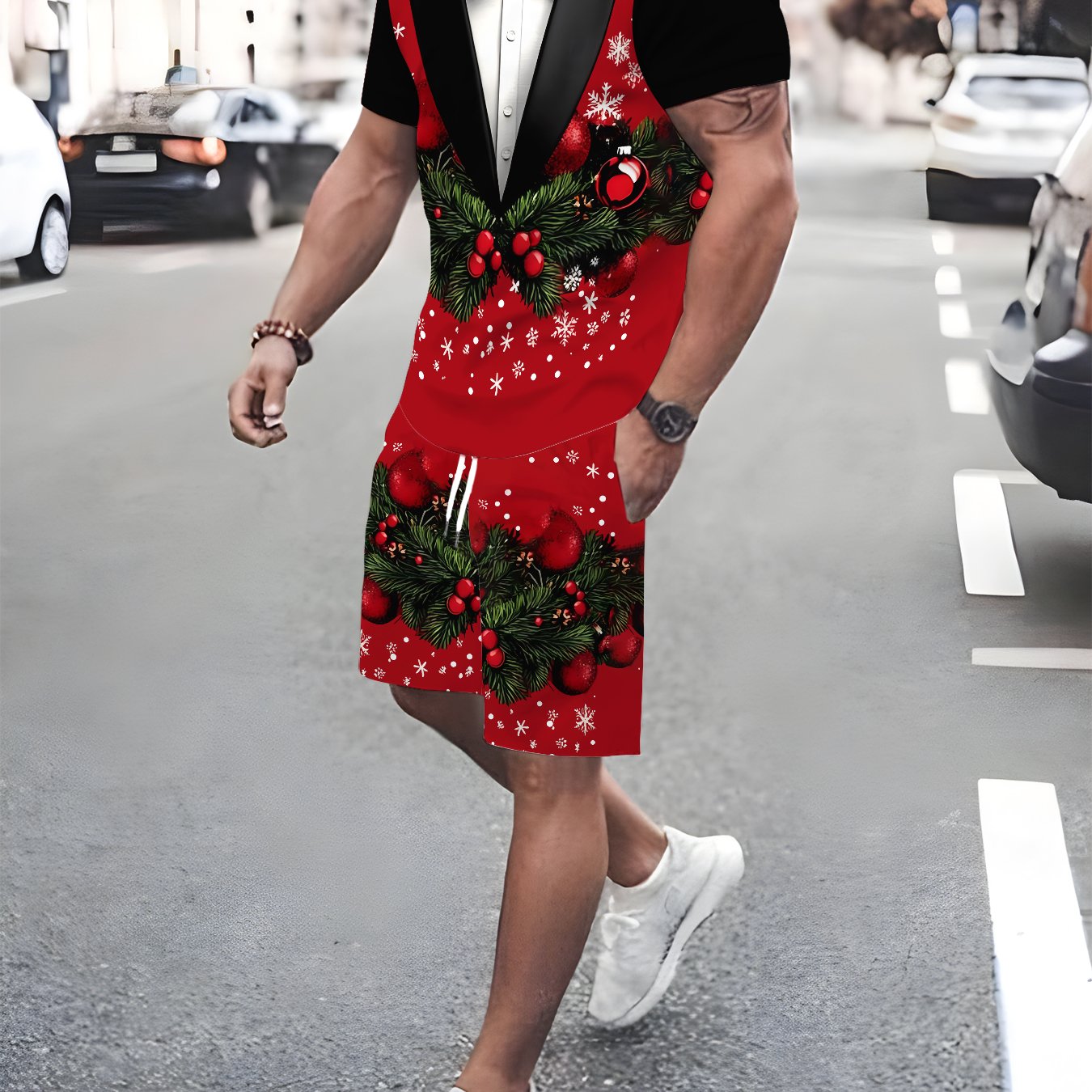 TEMU Summer Men's Fashion Casual Set, High-definition Pattern Print Short Sleeve T-shirt + Drawstring Sports Shorts Two-piece Outdoor Round Neck