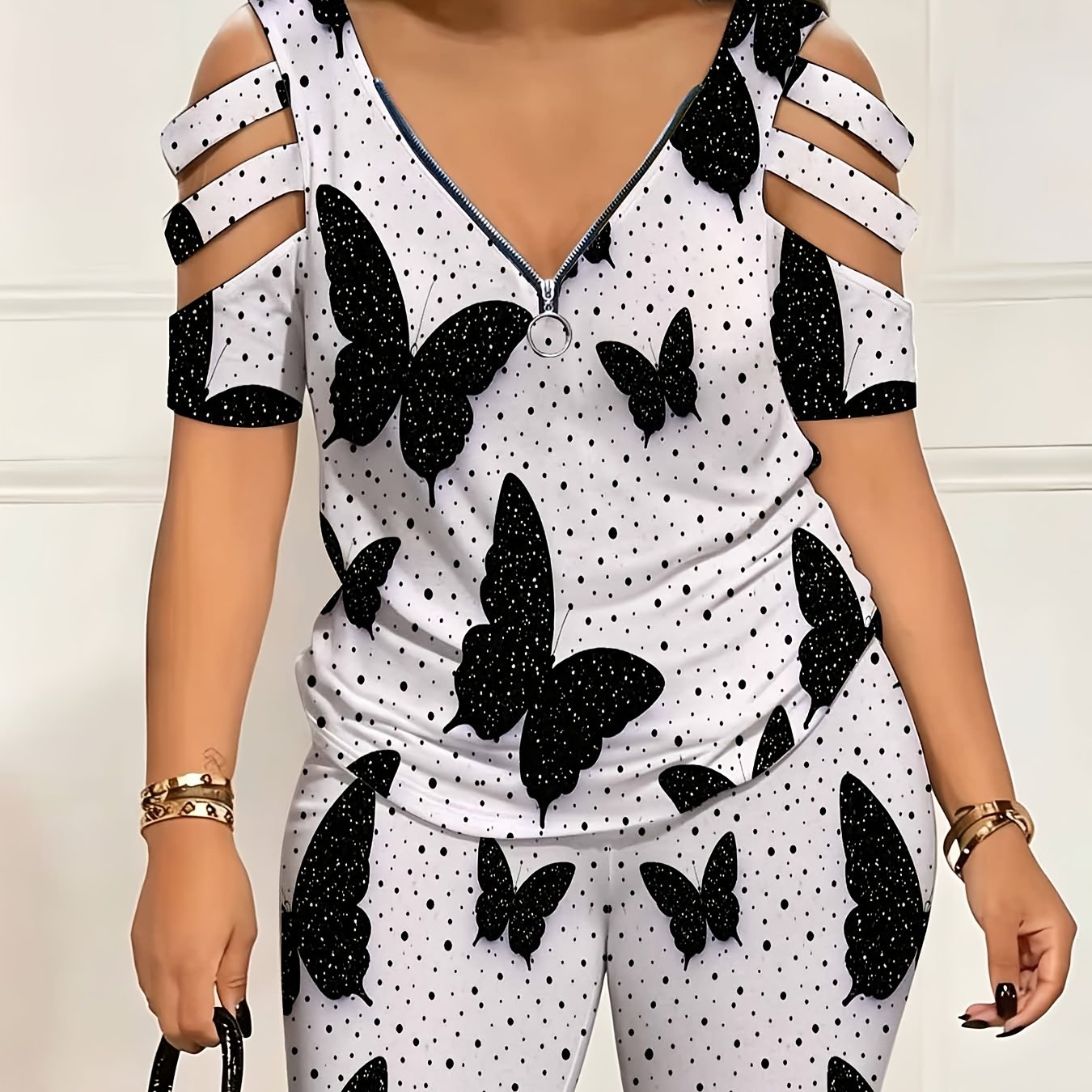 TEMU Women's Fashion Two-piece Set, Polka Dot Print Off-shoulder Zipper Top And Shorts, Suitable For Daily Casual