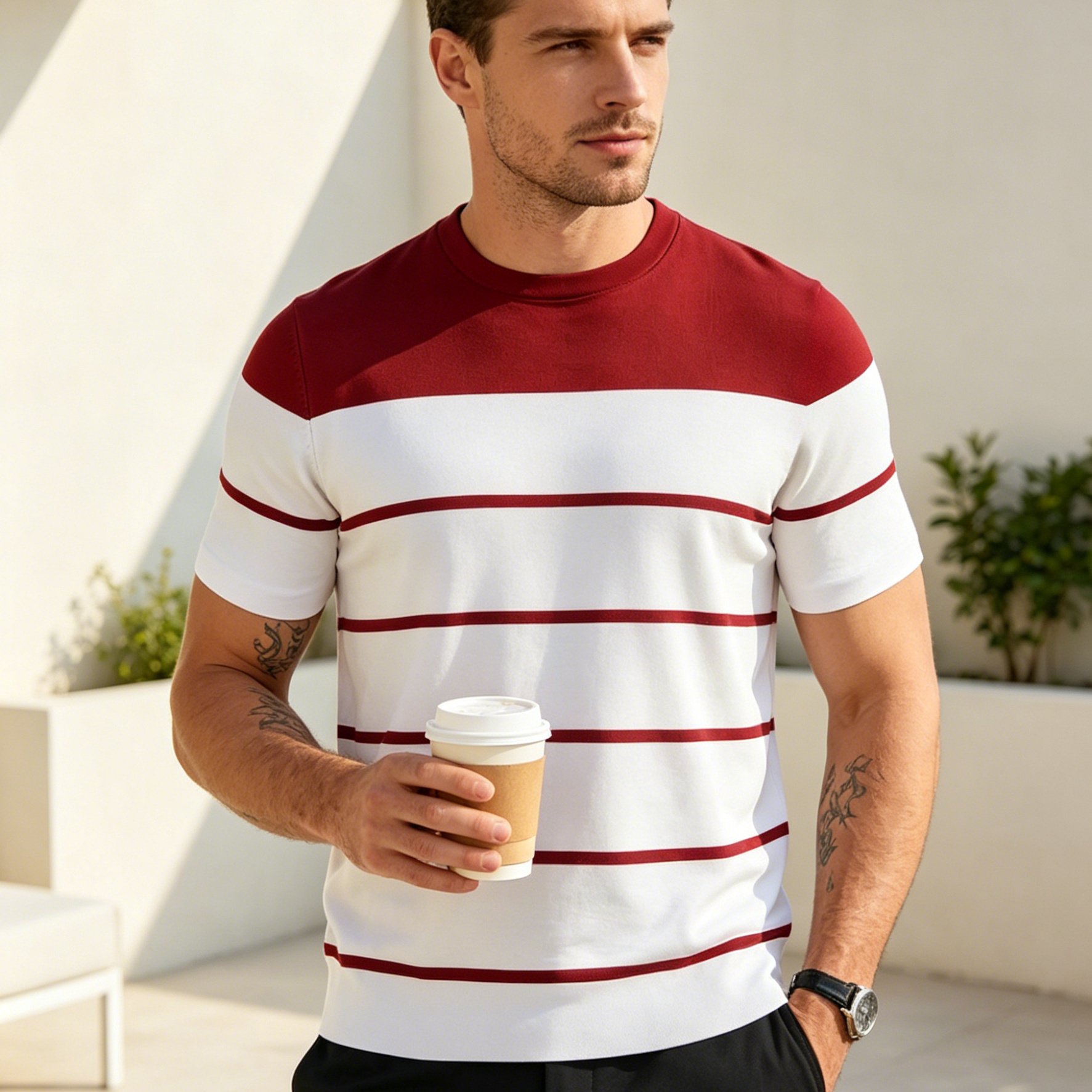 TEMU Men's Summer Crew Neck Short Sleeve Striped T-shirt, Business Casual Commuter Daily Versatile Men's Apparel, Fashionable Outfits, Casual Wear