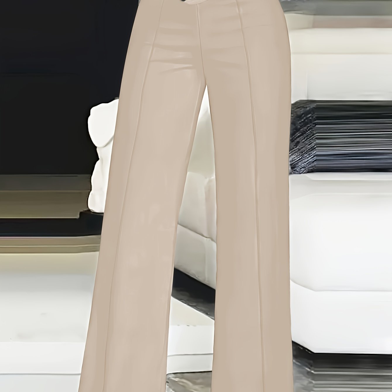 Women's High-waist Cut-out Straight-leg Pants - Casual Polyester Trousers, Machine Washable, Ideal For Everyday - Elegant Solid Color