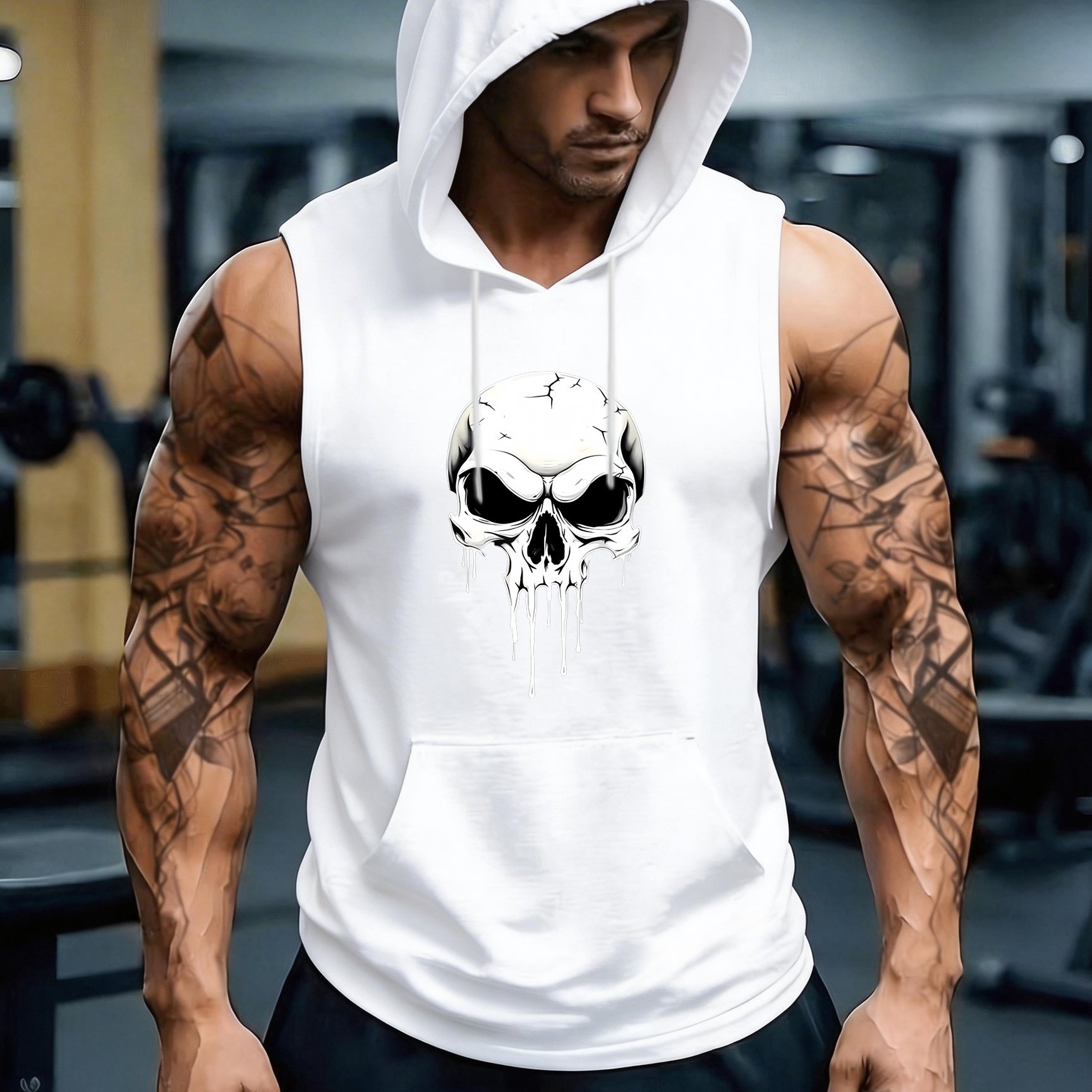TEMU Summer 's Casual Sports Hooded Vest, Skull Pattern Print, Western Trendy, Individual Versatile, Comfortable And Breathable, Essential For Sports