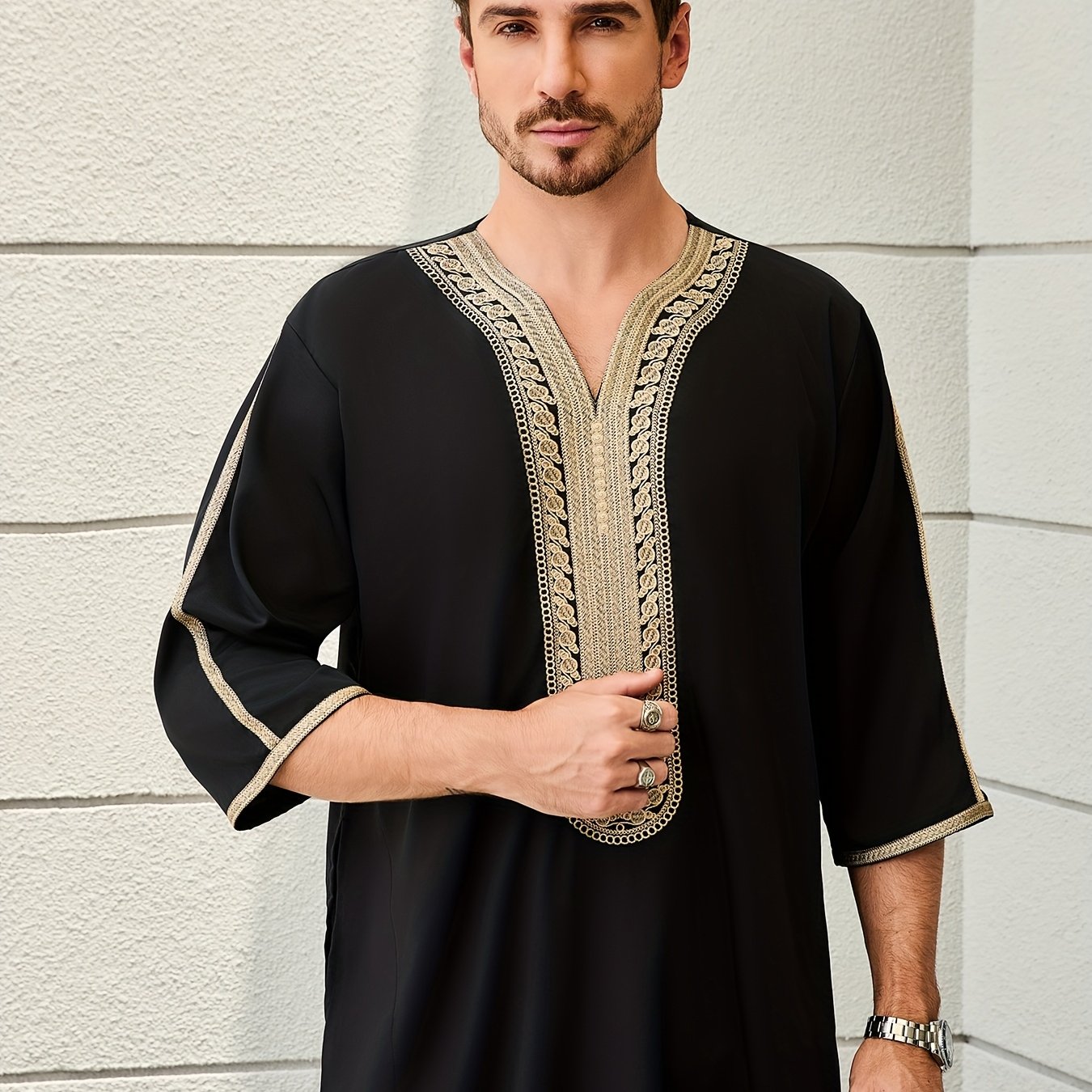 Image of Men's Moroccan Golden Embroidered Black Thobe, Eid Casual Arab Middle Eastern Cultural Wear, High Quality Polyester Fabric Soft And Comfortable Robe