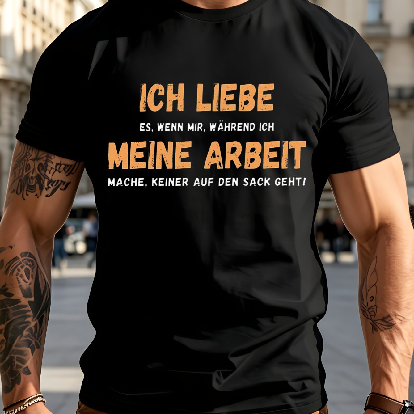 Image of Men' German "ich Liebe Meine Arbeit" Sarcastic Office Humor T-shirt - Distressed Orange Print Tee, Casual Round Neck Shirt Suitable For Humor & Casual Attire, Machine Washable Gift For Coworkers