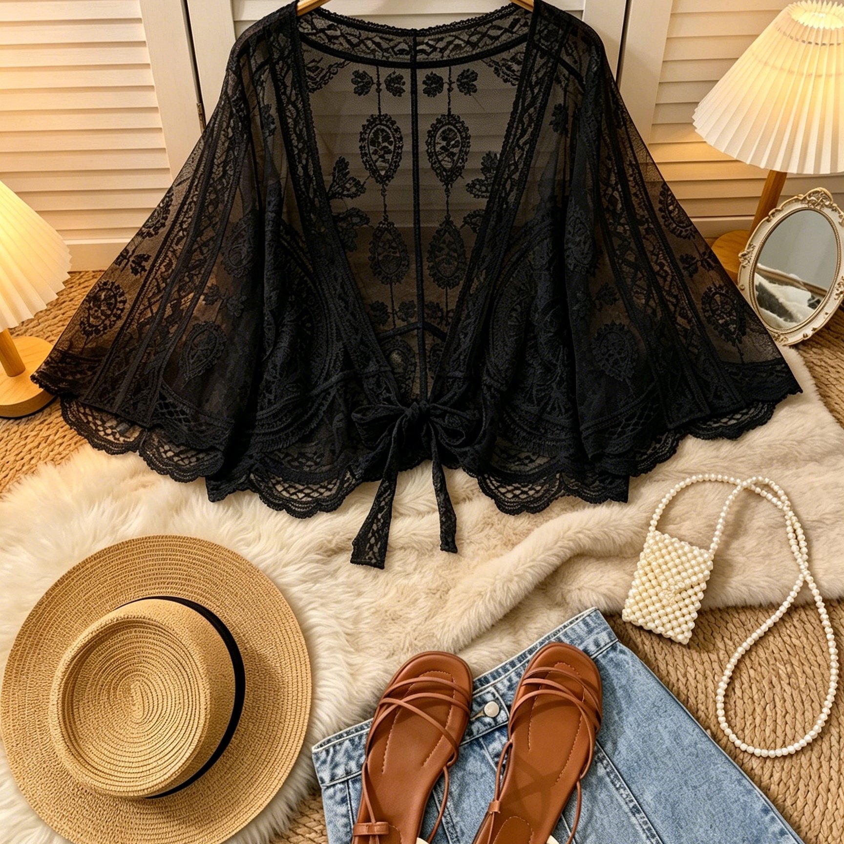 TEMU Bohemian Style Lace Top, , Tie-string Three-quarter Sleeve, Beach Vacation Party, Music Festival, Party, Sexy