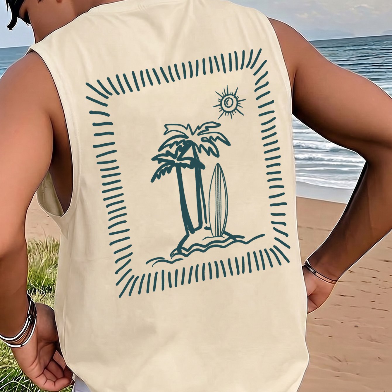 TEMU Men's Sleeveless Vest - Hawaiian Relaxed Style Casual Vest Top, Back Hand-painted Island Surfing Element Square Frame Decor Print, Casual Loose