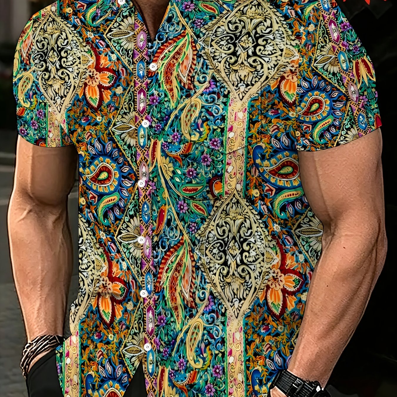 TEMU Men's Plus Size Button- Lapel Pocket Hawaiian Short-sleeve Shirt (not Textured//sequined), Plus Size