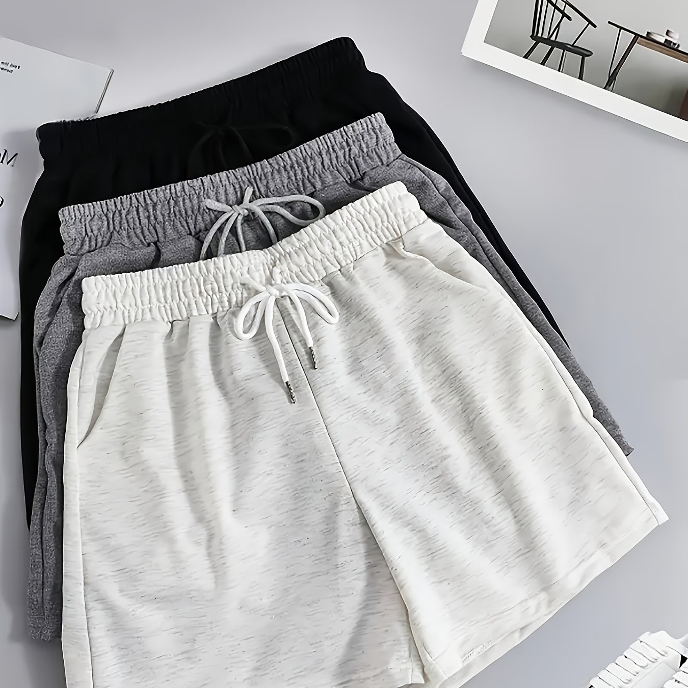 Summer Women's Shorts 3pcs Set, Drawstring Elastic Waistband, Casual Shorts With Pockets