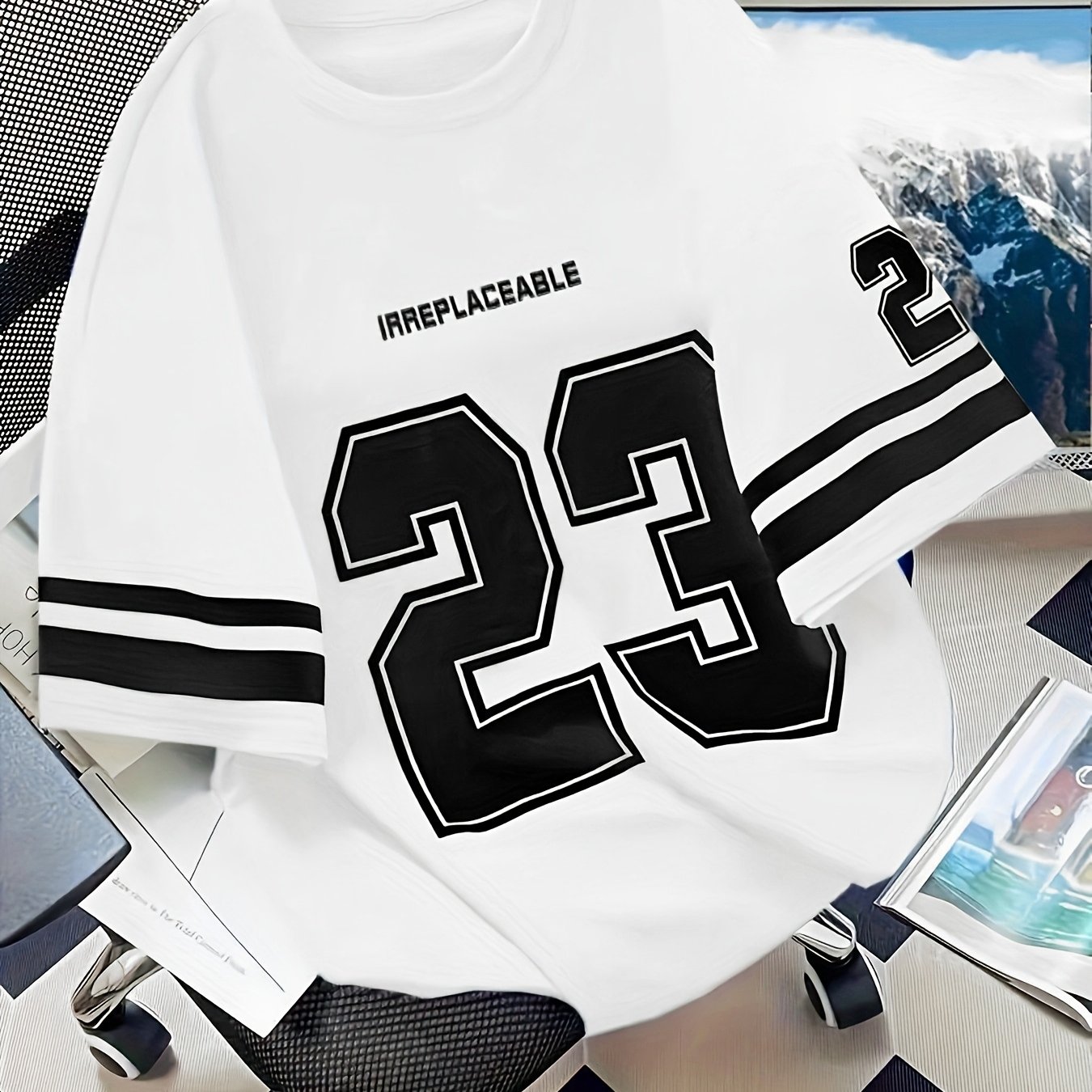 TEMU Pattern T-shirt - Black And , Loose Round Neck, Machine Washable Casual Outdoor Wear, Fun Number -three, Durable Sportswear