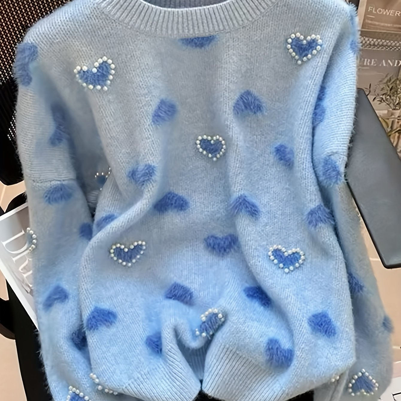 Image of Women's Round Neck Heart Pattern Pearl Embellished Sweater, Elegant Women's Top, Women's Spring And Autumn Wear