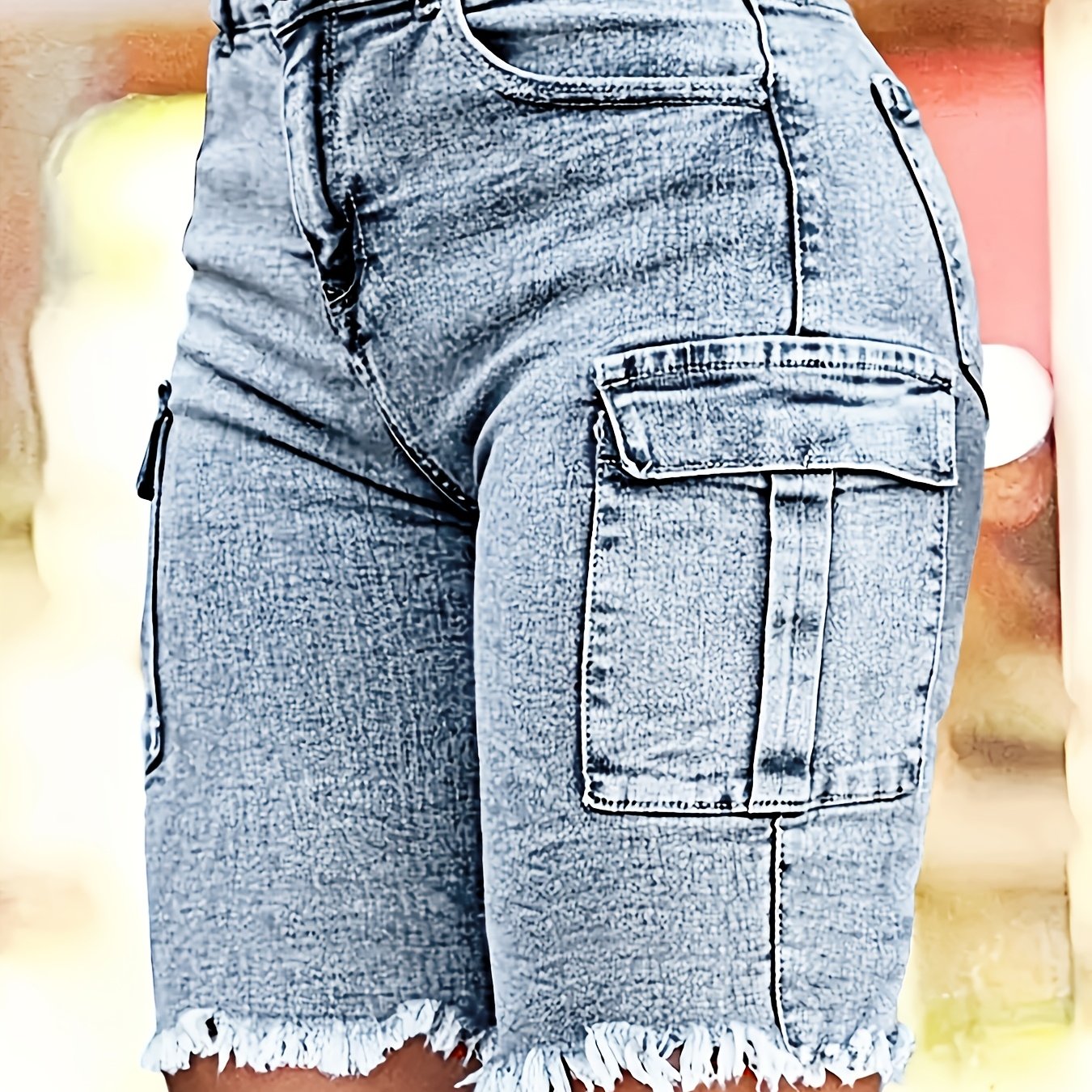 Women's High-waisted Retro Workwear Denim Shorts - 5-pocket Stretchy Slim Fit Frayed Hem Button Closure Mid-thigh Casual Summer Shorts, High Waisted Shorts, Everyday , Flattering Silhouette, -pocket