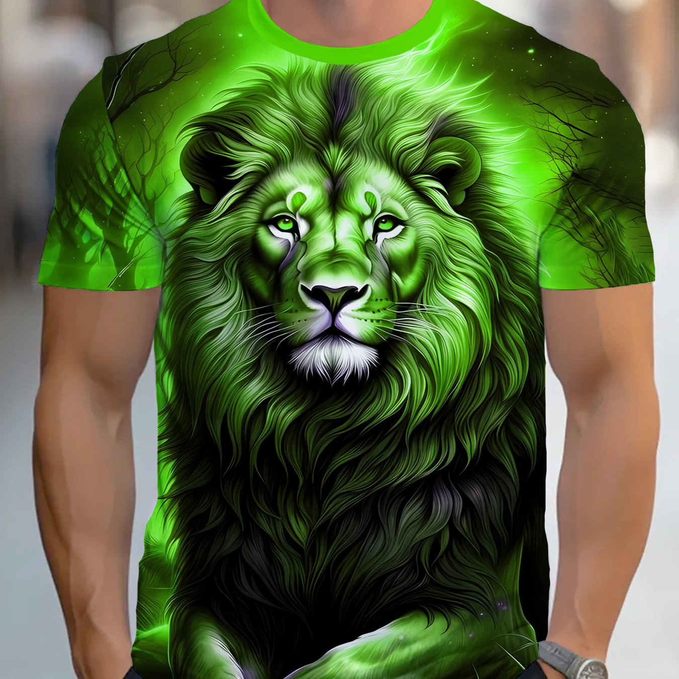 TEMU Printed Men's Casual T-shirt - Lion Face Print In Neon Green, Lightweight And Breathable Fabric, Suitable For Daily Casual And Party Wear -