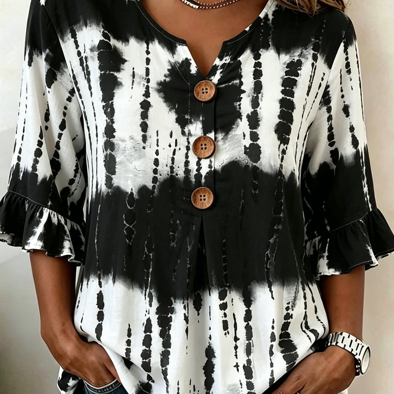 Women's Black & White Tie-dye Blouse Shirt - 3/4 Flare Sleeve Button-front , Machine Washable Suitable For Daily Wear, Casual & Outfits, Elegant Top