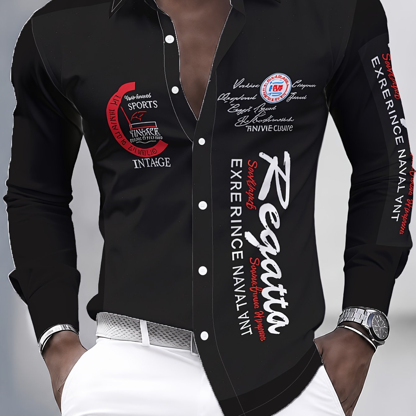 TEMU [print Design - Not Textured] Men's Fashion Print Long Sleeve Shirt Trendy Letter Versatile Business Top