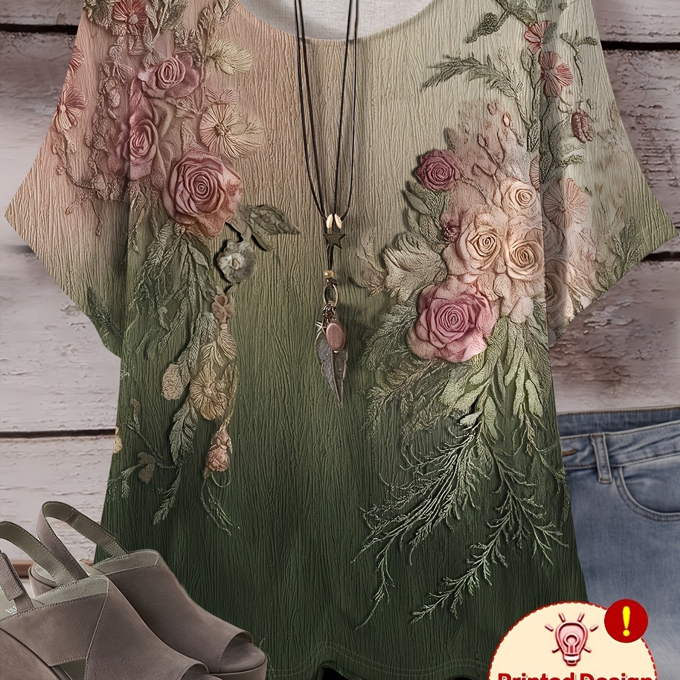 Image of Plus Size Easy Retro Floral Print, Bohemian Style Casual Elegant Comfortable Women's Round Neck Short Sleeve T-shirt - Additions Not Included
