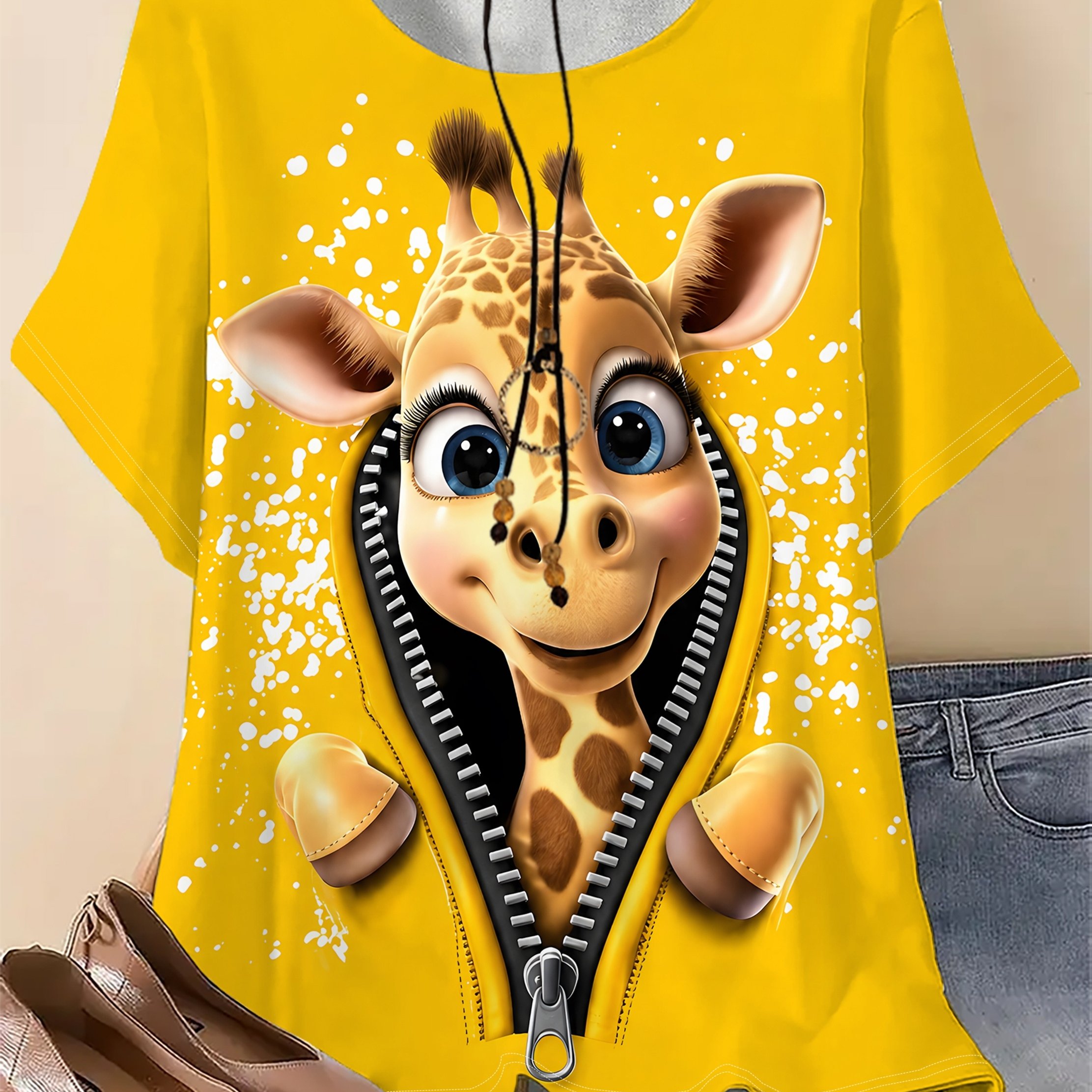 TEMU Plus Size, Women's Plus Size Full-body Giraffe Print T-shirt - Art Short Sleeve Crew Neck Top With Zipper Suitable For Spring/summer, Breathable