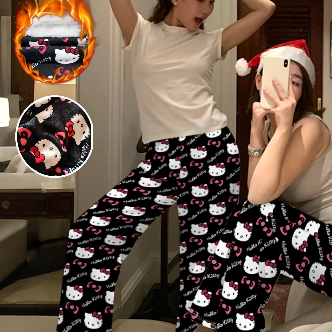 Autumn/winter Hello Kitty Print Black Wide-leg Pants, Loose And Casual Fit For Daily Streetwear, Slimming And Versatile, Cute Cartoon Pants For Home Or Outdoors. Item No.-dd-kz-428, For Teenager