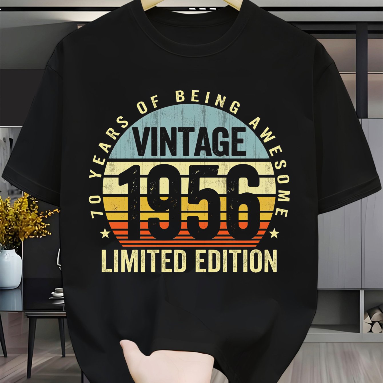 TEMU Cadeau d'Anniversaire 70 Ans pour Hommes Nés en 1956 - T-Shirt Anniversaire 70 Ans Imprimé "Né en 1956", Coupe Slim Manches Courtes Col Rond