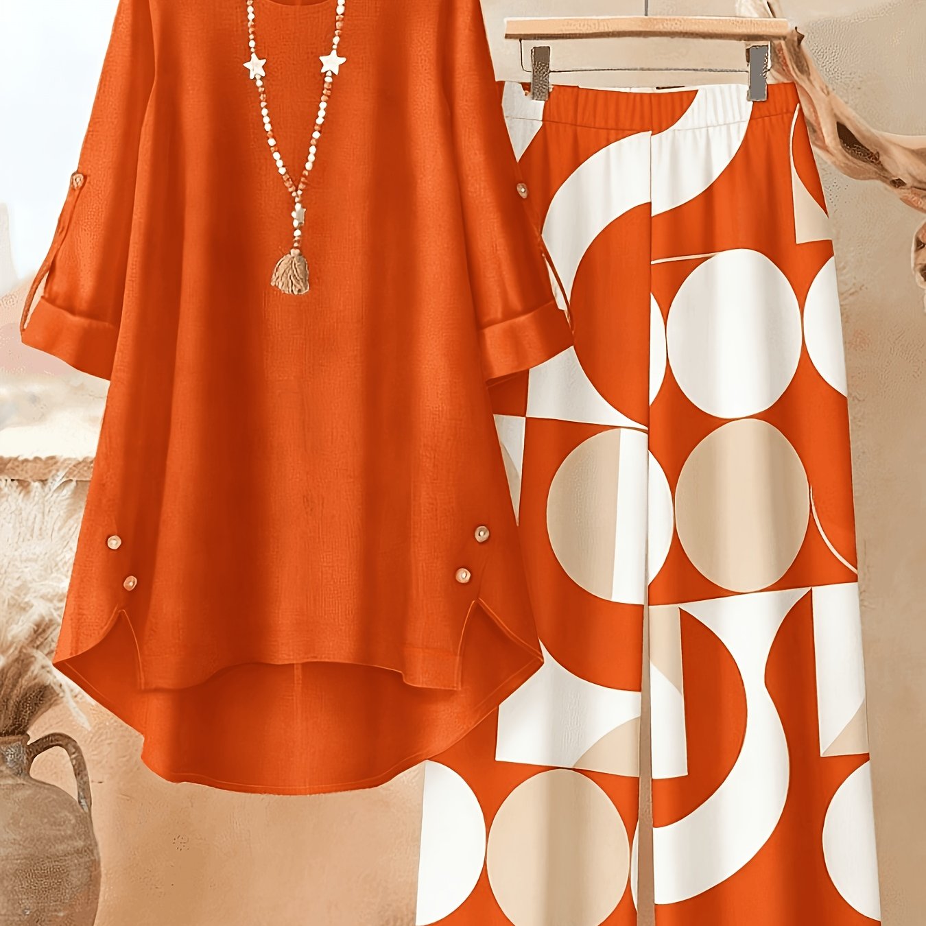 TEMU Plus Size - Spring/summer New Style, Asymmetrical Statement Top And Printed Long Pants 2pcs Set, Home Casual/, , Stretch, Comfortable And