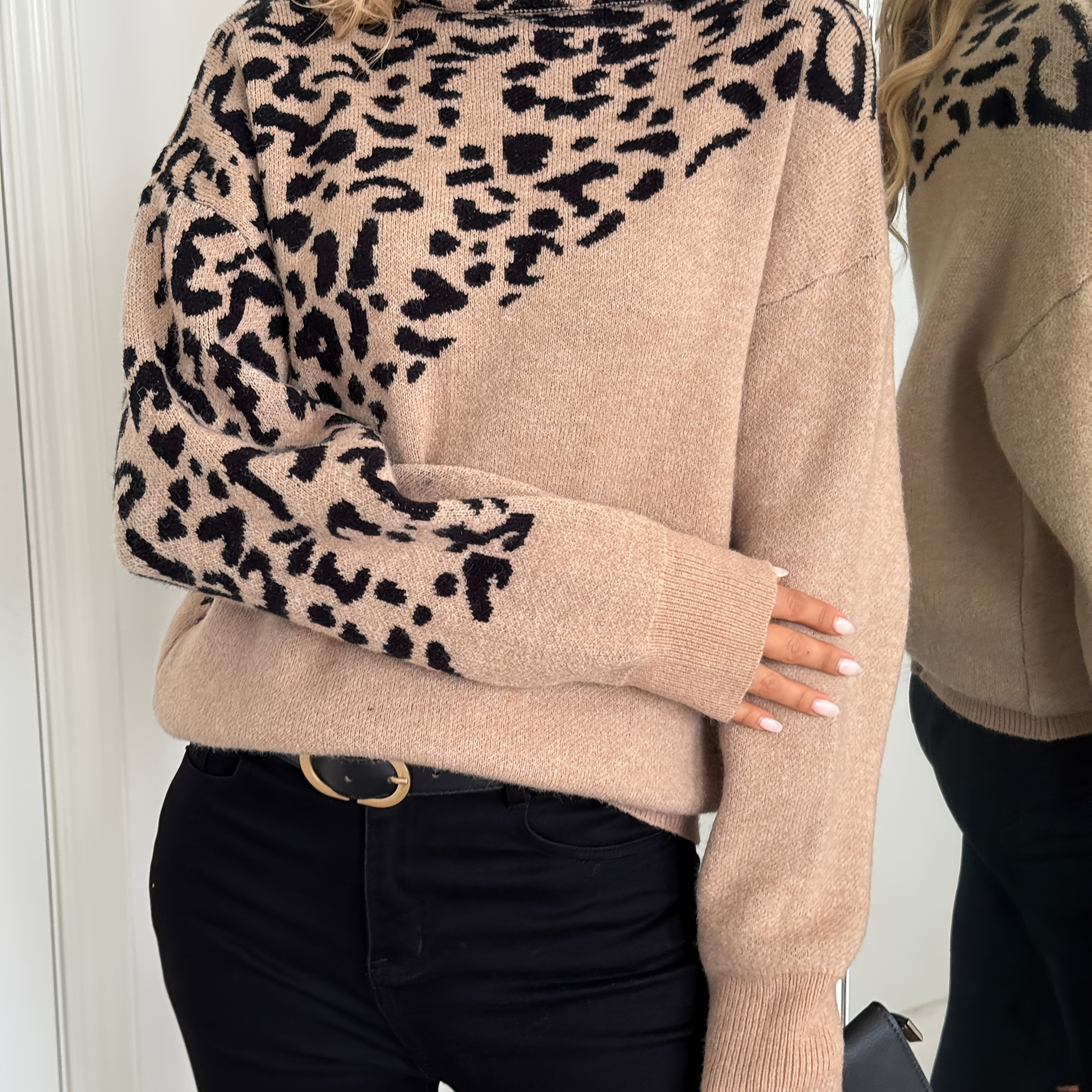 Women's Elegant High-neck Leopard -block Sweater - Drop Shoulder Design, Soft Contrast, Versatile Pullover For Casual Or Formal Wear, Formal Knitwear, Sophisticated