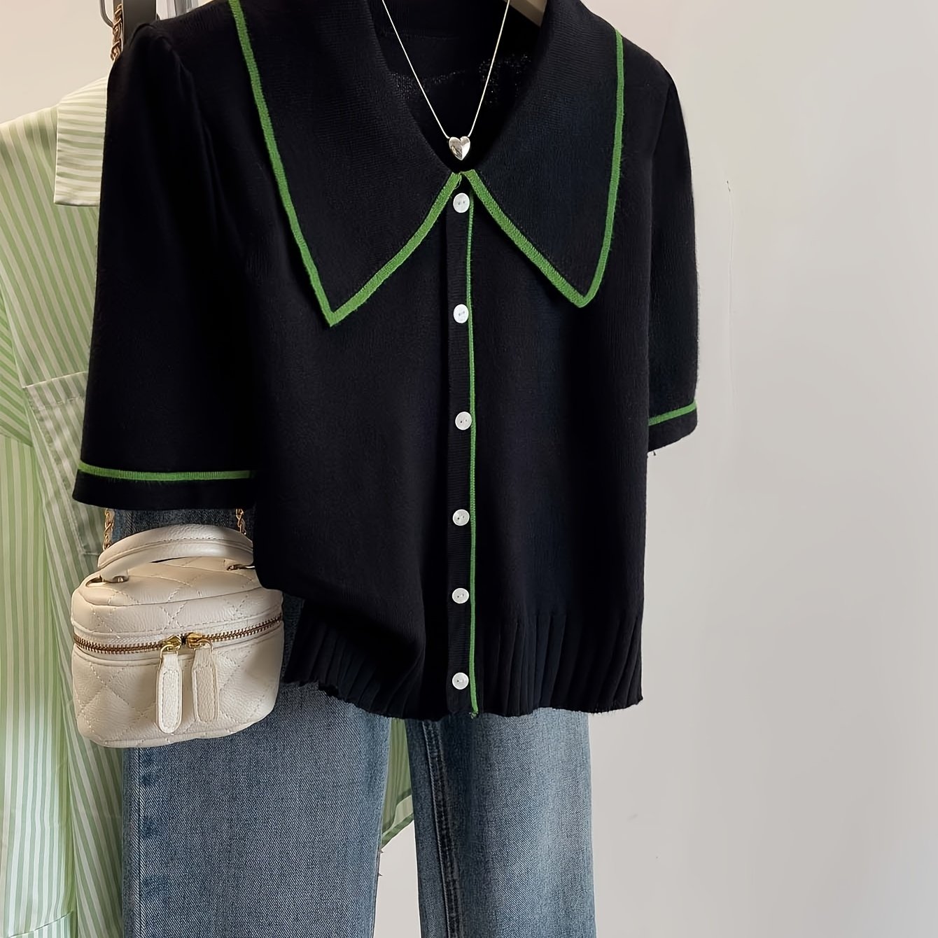 TEMU 2026 Spring Summer Women's Fashion Easy Versatile Date Outfit French Retro Lapel Sweater Women's Summer Niche Contrast Neck Short Sleeve T-shirt