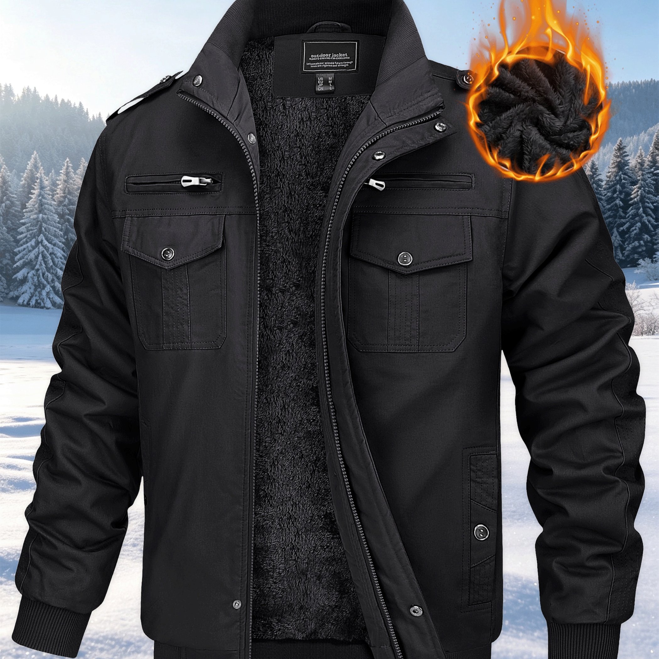 Image of Mens Winter Fleece Cargo Jacket Warm Thermal Heavyweight Outdoor Multi-pockets Work Casual Windbreaker Hiking Jogging Camping Fishing Climbing Jacketg