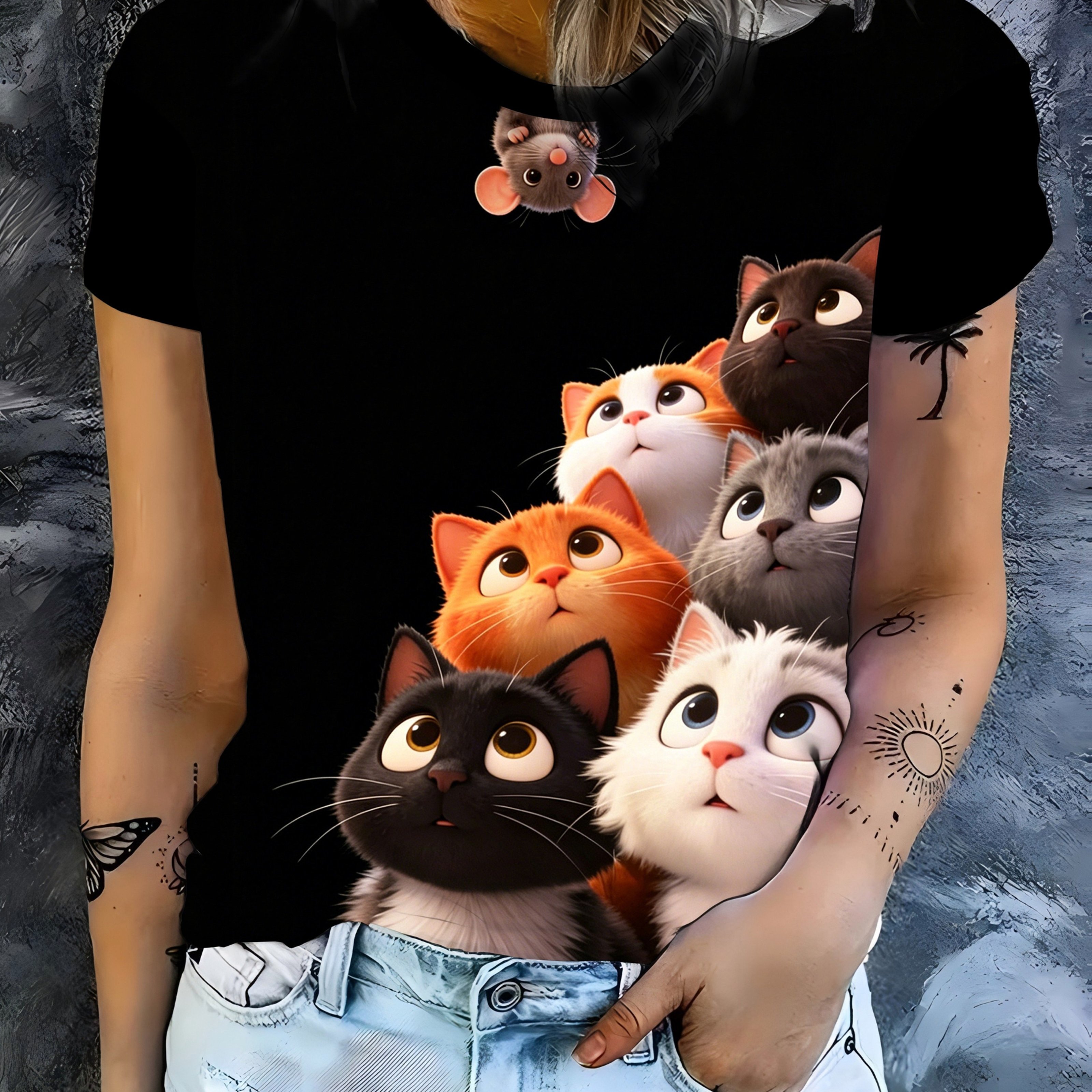 TEMU T-shirt pour femme avec imprimé chat et souris mignons, haut décontracté à manches courtes et col rond avec chat et souris amusants