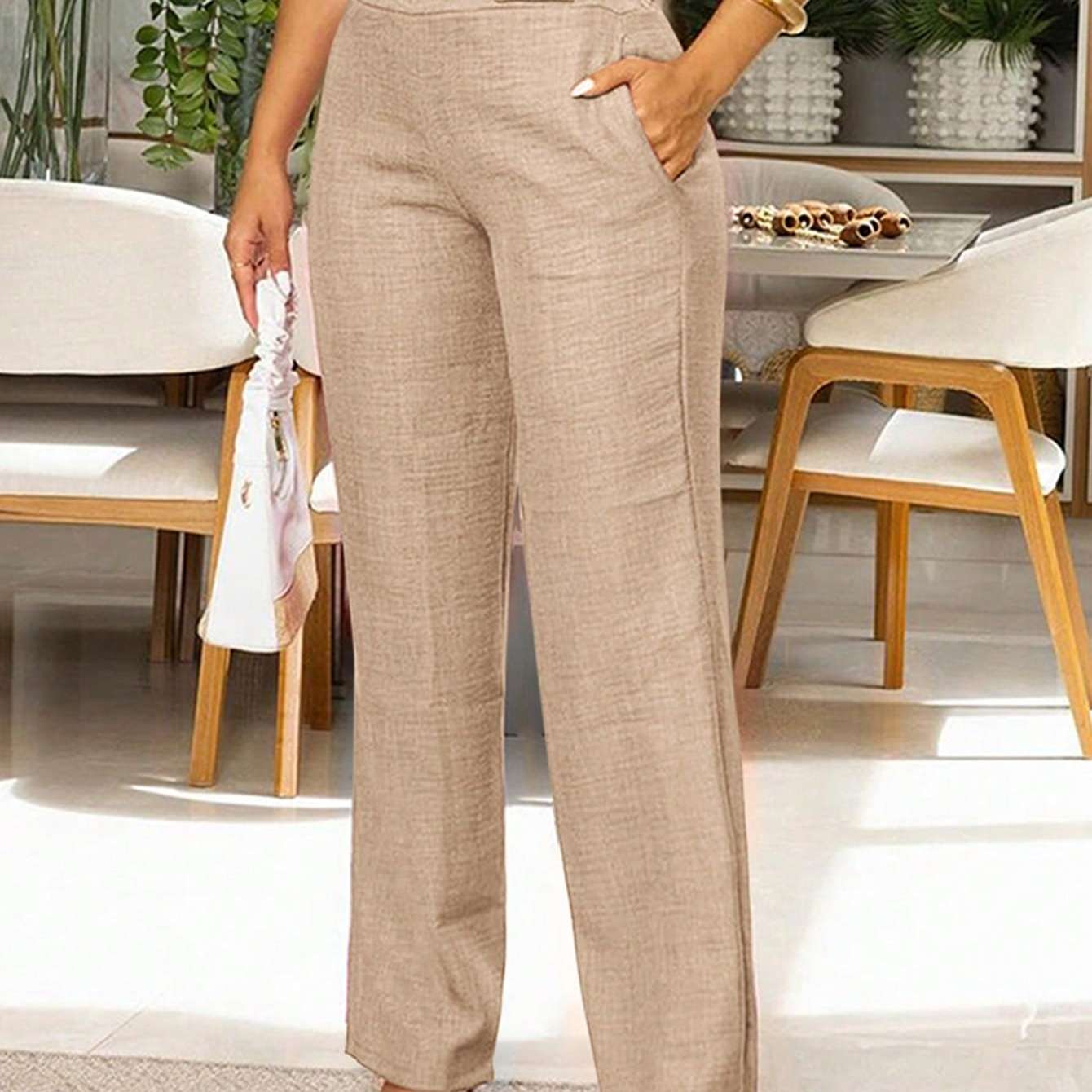 TEMU Pantalon élégant pour femme, design poche inclinée et détail boutonné, idéal pour les tenues de sortie quotidiennes, printemps/automne