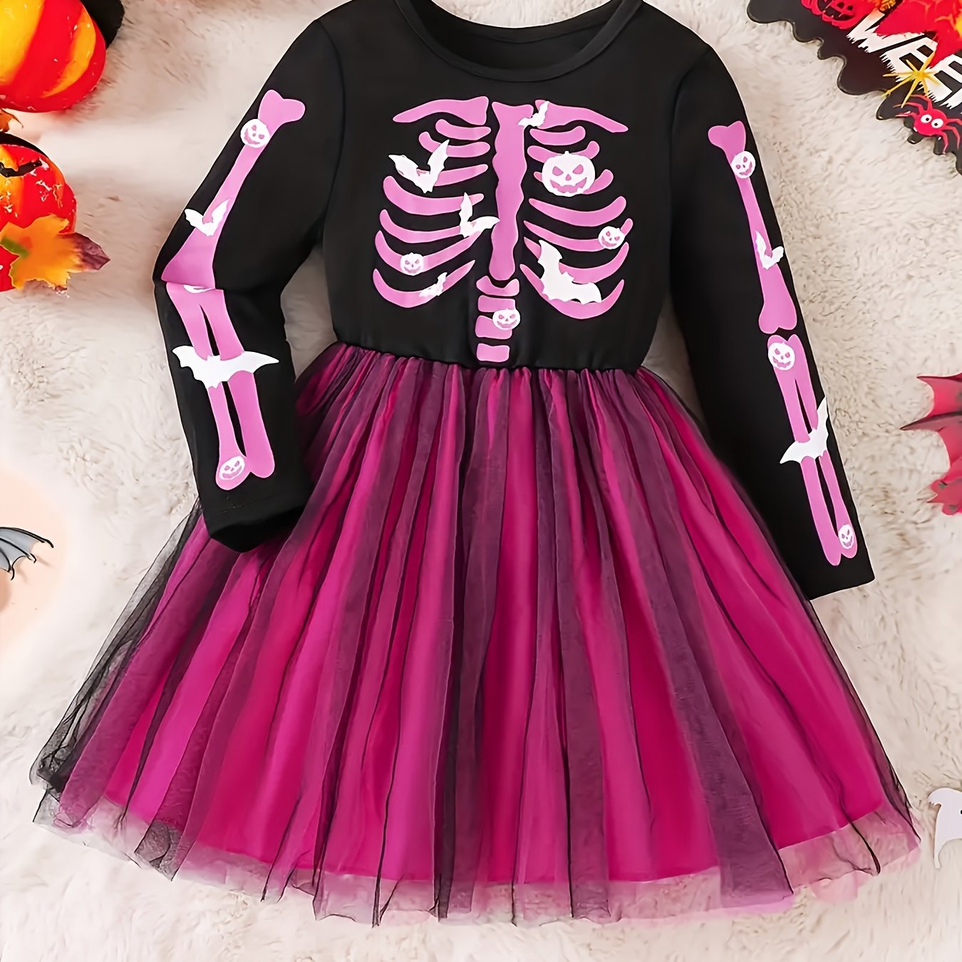 Image of Girls' Halloween Themed Knitted Skull Print Spliced Mesh Ballet Skirt - Perfect Casual Dress For Autumn And Winter Festive Outfits, For Teenager