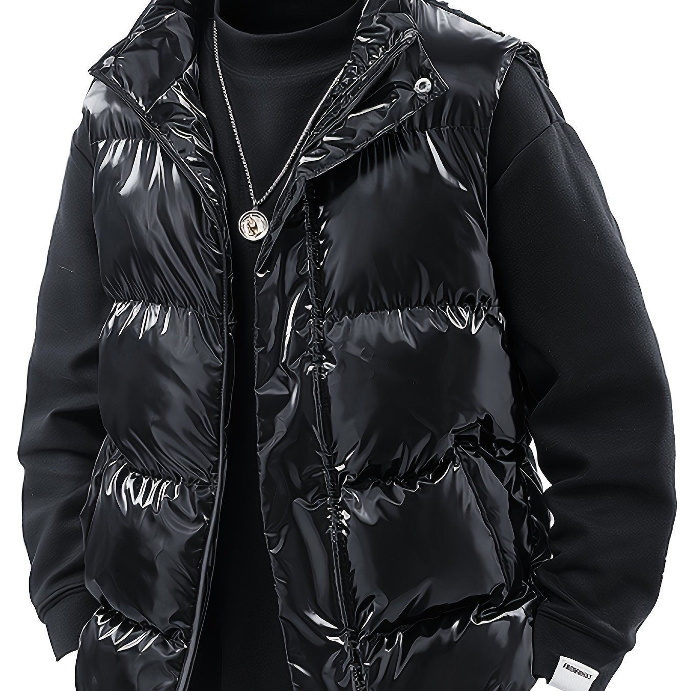TEMU Men' Color Glossy Collar Thick Vest For Autumn And Winter, A Warm Casual Outerwear For Winter, Sleeveless With Full Zipper Closure, Large