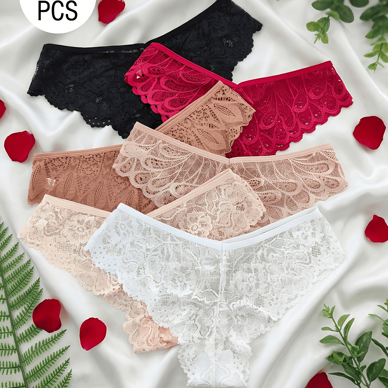 TEMU Set Of 6 Women's Floral Lace Mixed Panties - Comfortable Low-rise Underwear With Contrasting Lace Trim, Soft For Everyday And Intimate Wear,