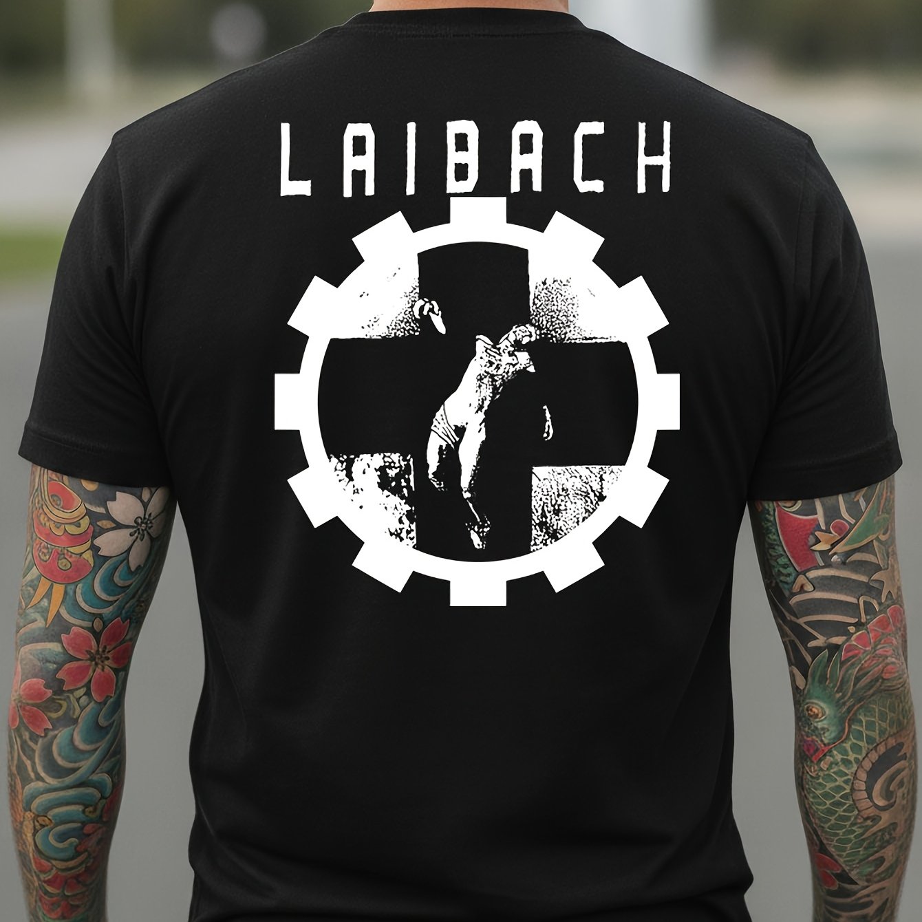 Image of Industrial Band Logo Men's T-shirt - Iconic Band Logo Back Print, Short Sleeve Crewneck Tee With Iconic Logo, Machine Washable Casual Shirt Suitable For , Wear For Fans & Casual Attire