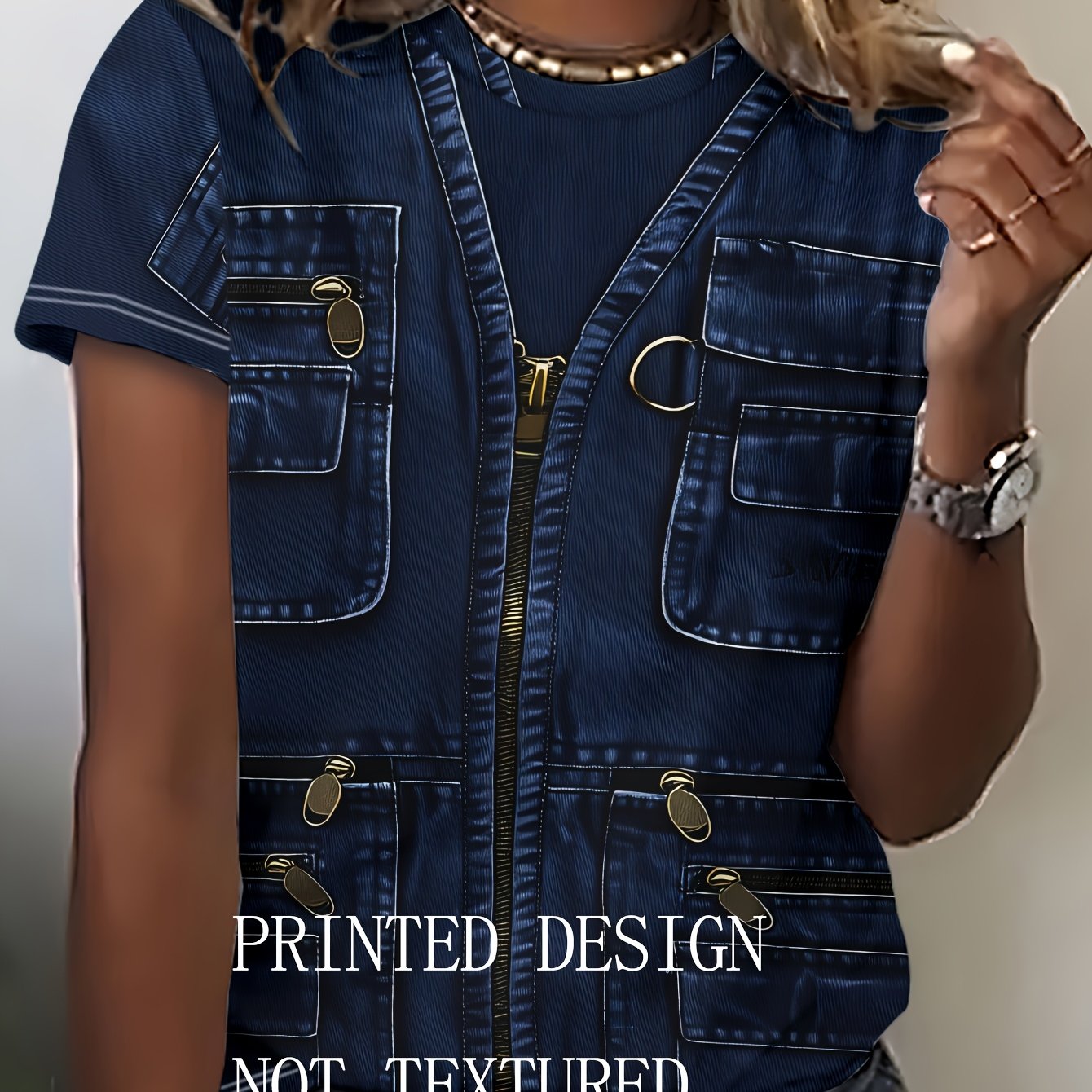 TEMU Women's Casual Short-sleeve T-shirt With Blue Denim Vest, Multi-, Zipper Closure, Patterned, Machine Washable, Summer Fashion Top