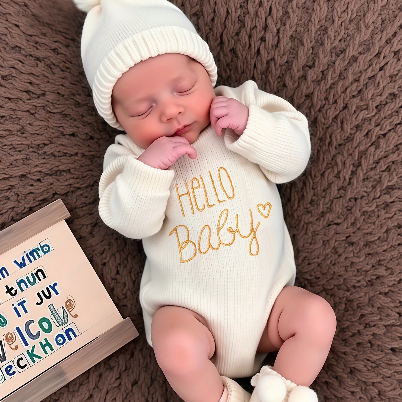 Image of 2pcs Newborn Embroidered Romper + Hat, Baby Girl Knitted Long-sleeved Sweater, Baby Knitted Pullover, Newborn Autumn And Winter Photography Clothes