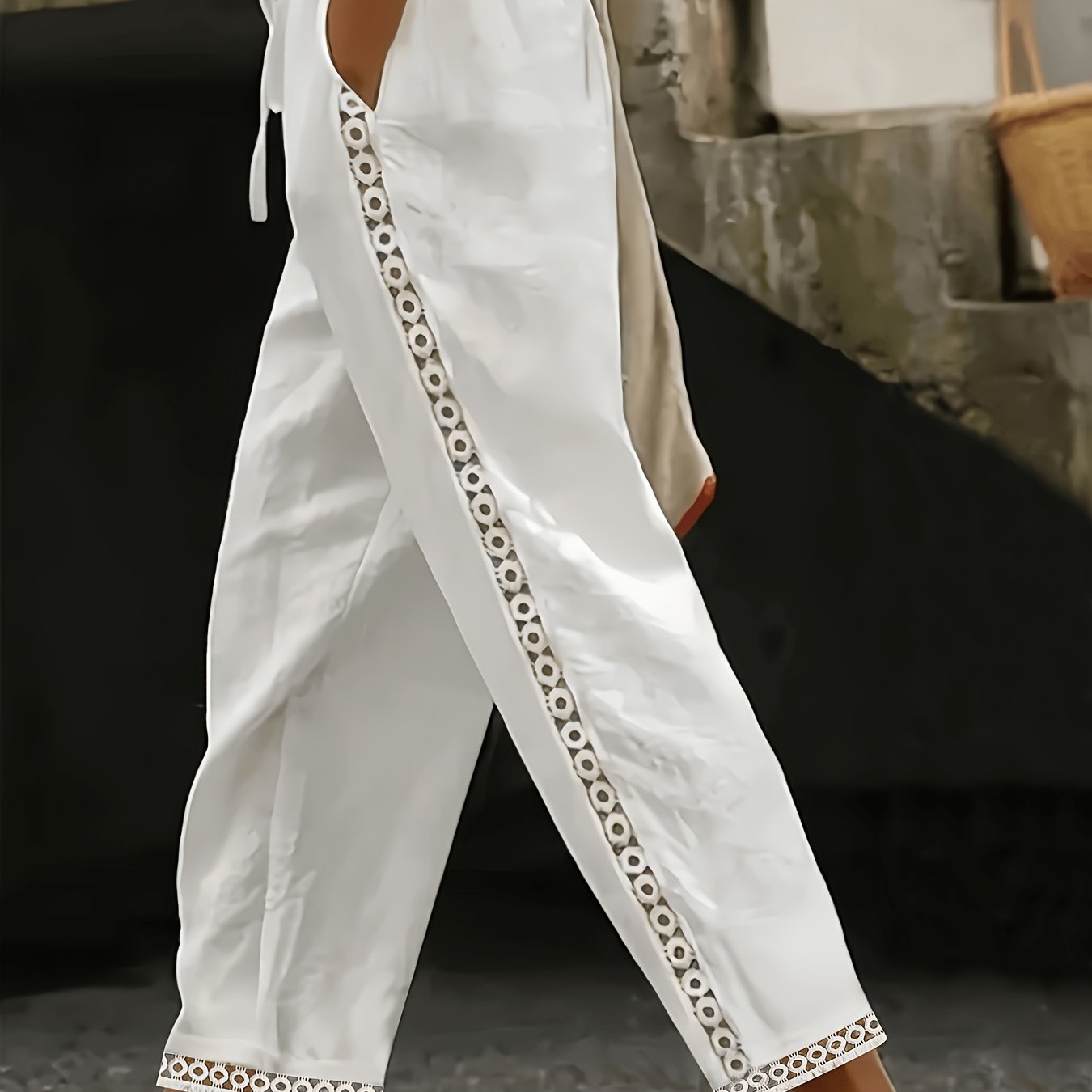 TEMU Women's Pants, Casual , Solid Color Embroidered Lace Hollow-out, Elastic Waist With 2 Pockets, Lightweight Casual Trousers For Women