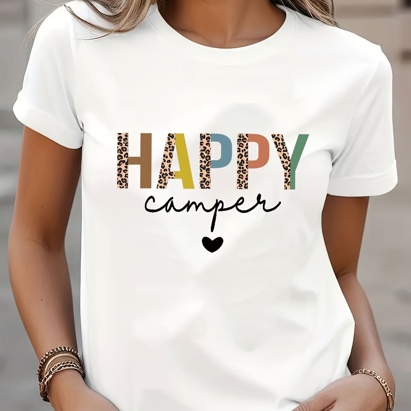 TEMU Women's Stylish Printed T-shirt, Casual Round Neck, Short Sleeves, Breathable, Machine Washable, Perfect For Camping Enthusiasts