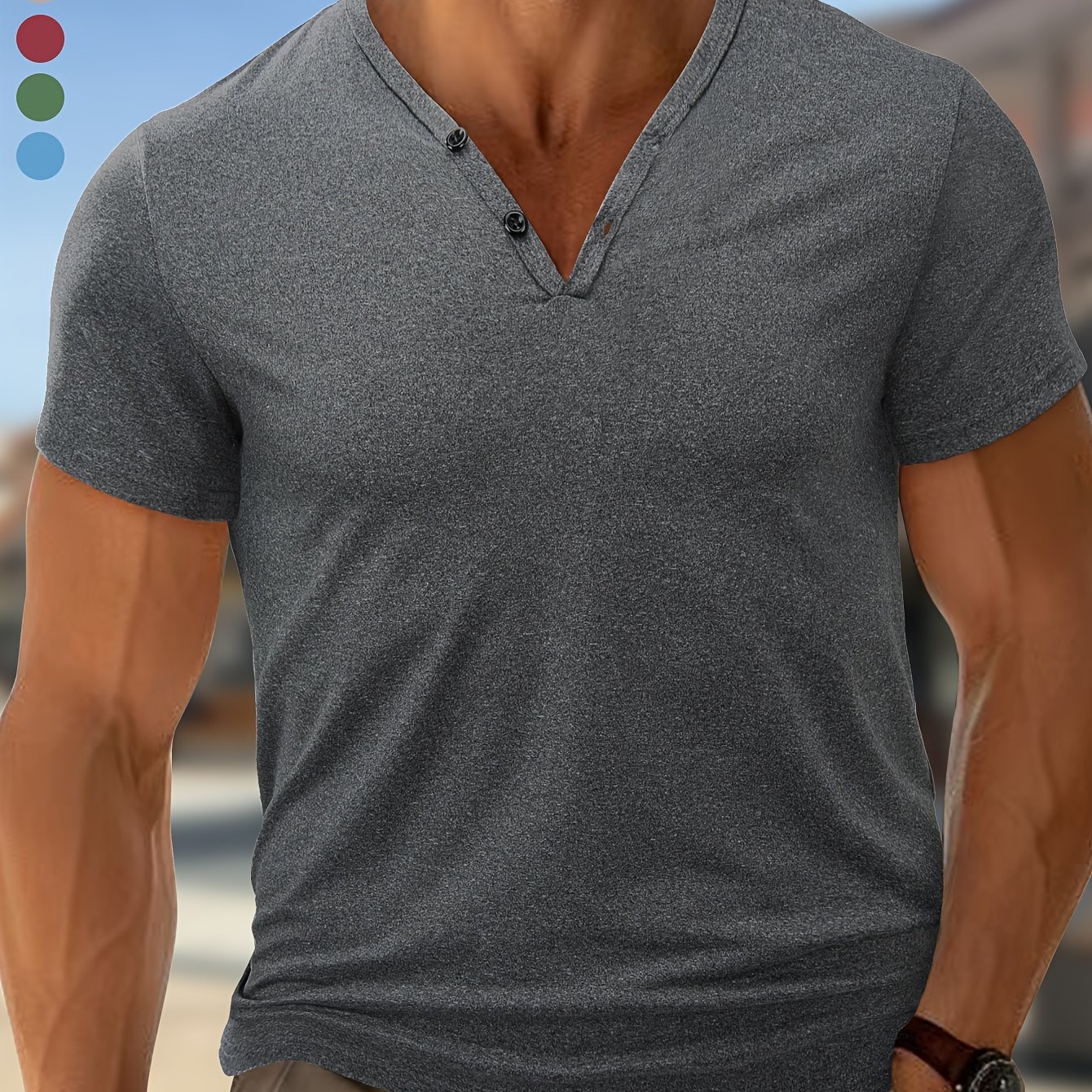 E-shop Herrenmode Casual Vielseitiges Leichtes Atmungsaktives Henley-Shirt – Bürsten-Design, Casual V-Ausschnitt Kurzarm-T-Shirt, Stretch--Mischung,
