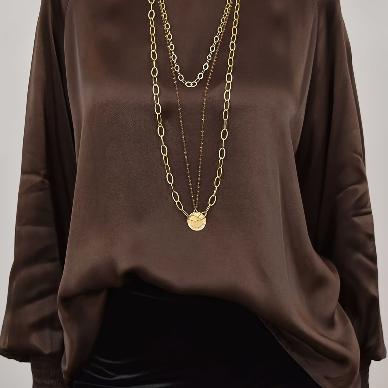 Plus Size - Plus Size - Rice Leaf -women's Plus Size Satin Round Neck Loose Sweater With Ribbed Cuffs