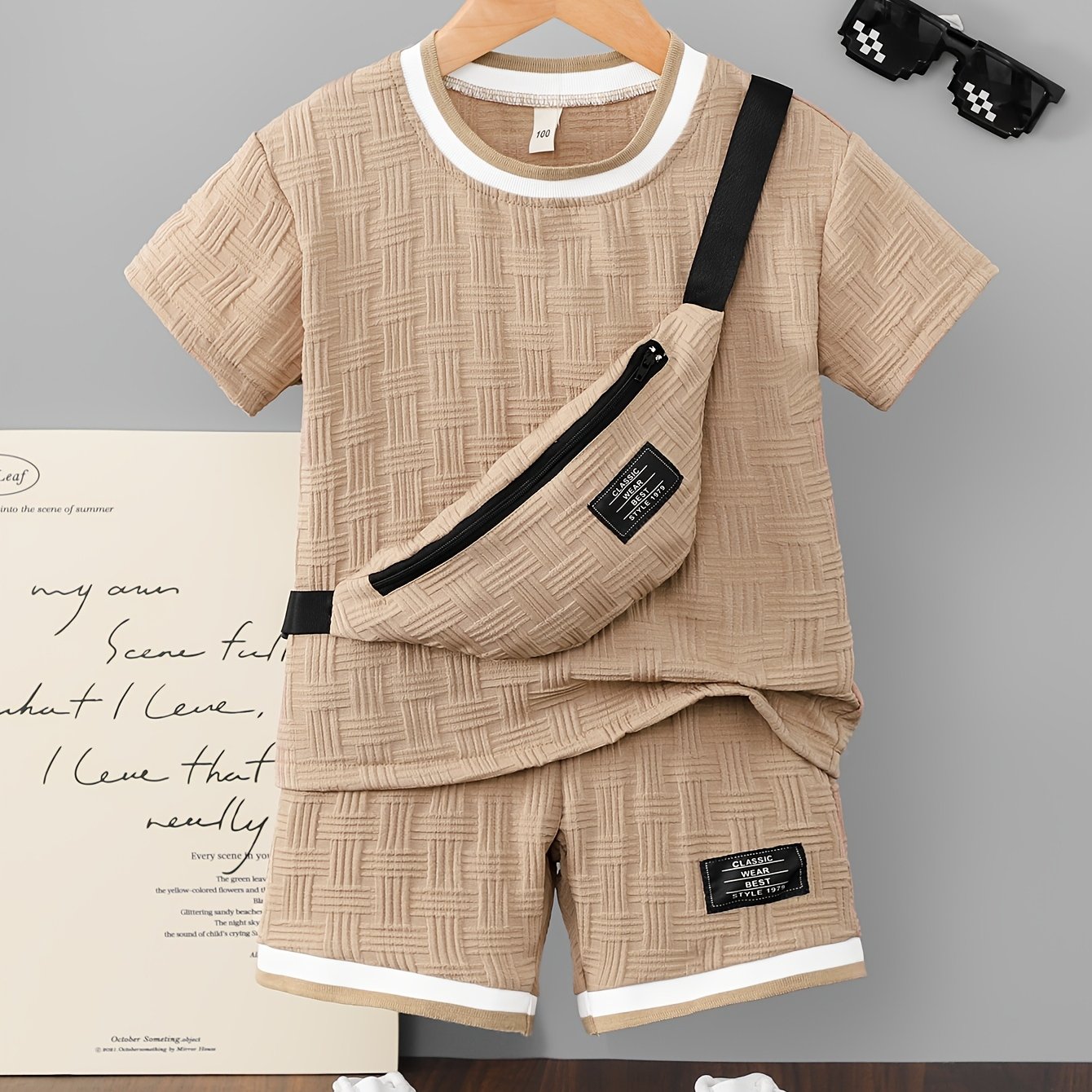 TEMU Ensemble 3 pièces pour garçons : T-shirt col rond couleur uni & short tissé à la taille élastique & sac, vacances d'été, léger, confortable,